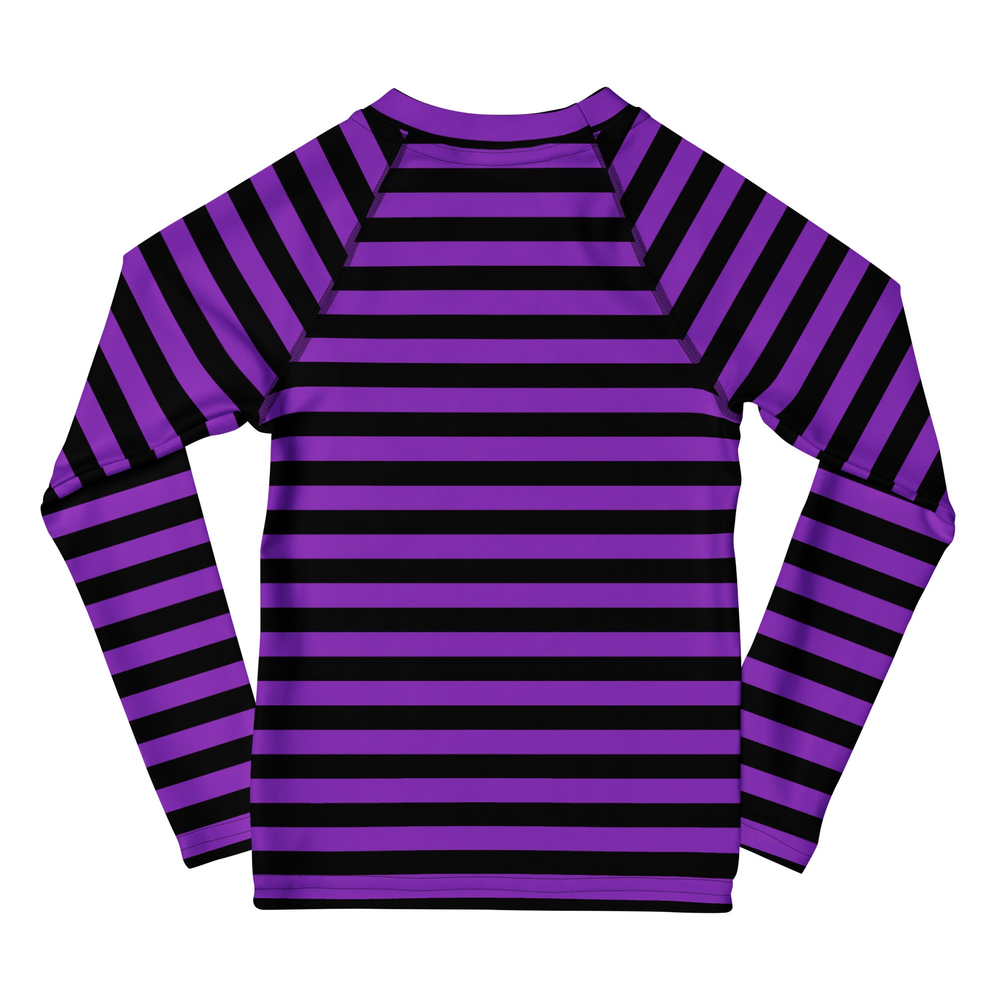 Kids purple and black horizontally striped long sleeve rash guard swim shirt with upf 50 plus for halloween