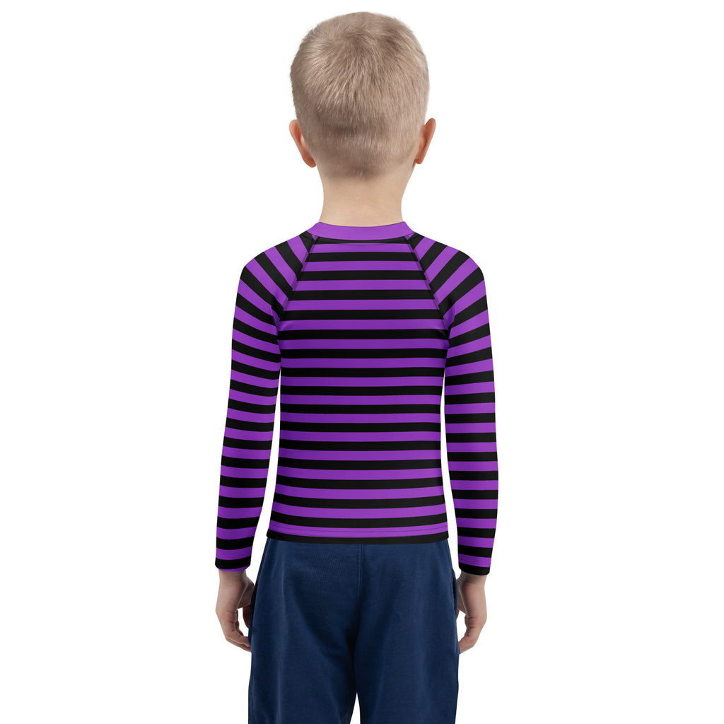 Kids purple and black striped long sleeve rash guard swim shirt with UPF 50 plus for Halloween protection