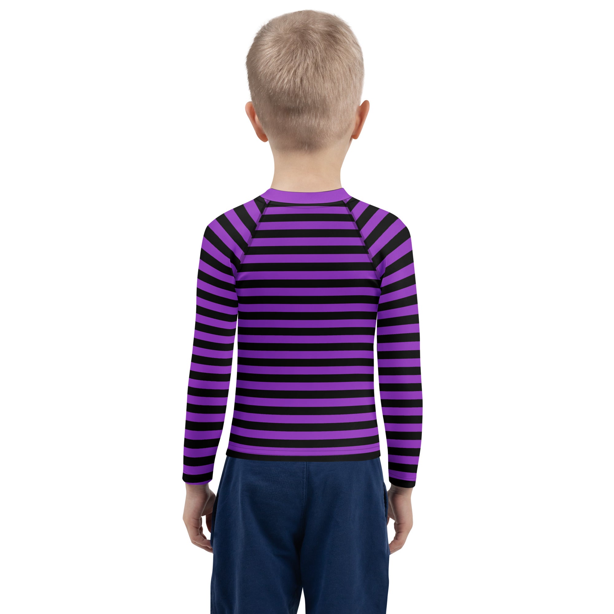 Kids purple and black striped long sleeve rash guard swim shirt with UPF 50 plus for Halloween protection