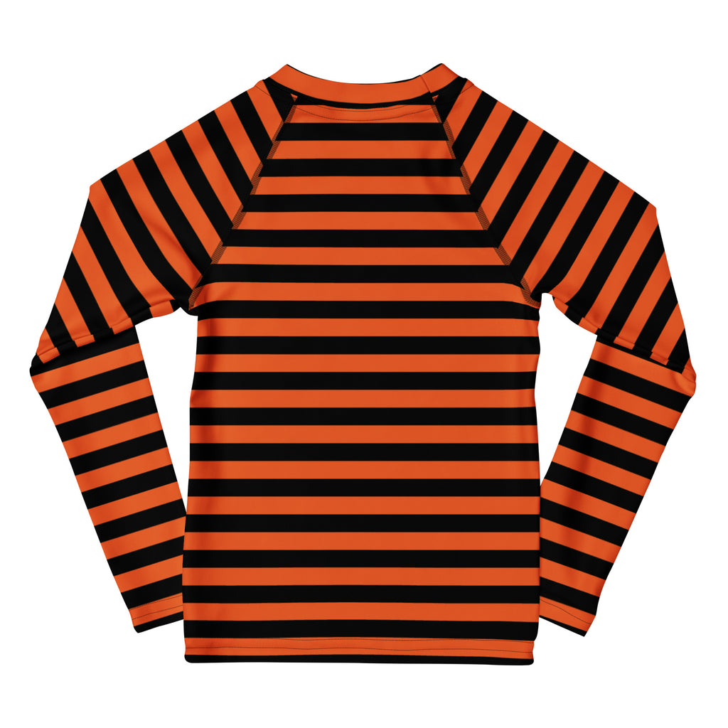 Kids orange and black horizontally striped long sleeve rash guard swim shirt with UPF 50 plus for sun protection