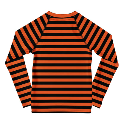 Kids Orange and Black Halloween Long Sleeve Rash Guard Swim Shirt With UPF 50+