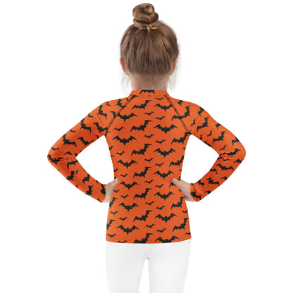 Kids Orange Bats Halloween Long Sleeve Rash Guard Swim Shirt With UPF 50+
