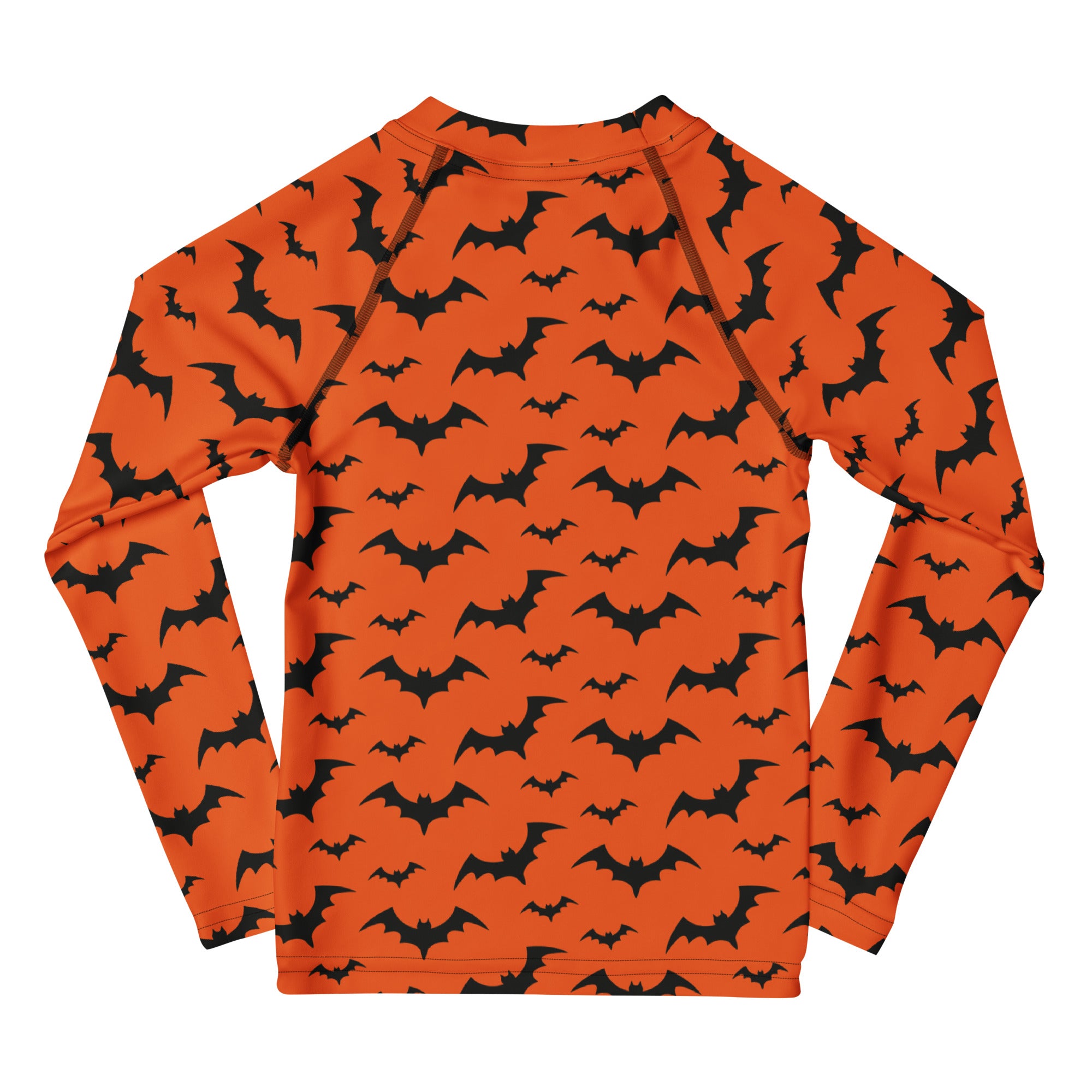 Kids orange long sleeve rash guard swim shirt with black bat patterns and upf 50 plus for halloween