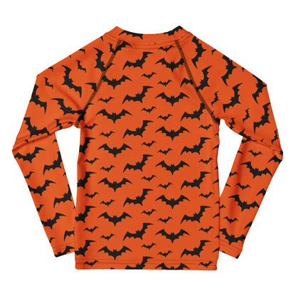 Kids Orange Bats Halloween Long Sleeve Rash Guard Swim Shirt With UPF 50+