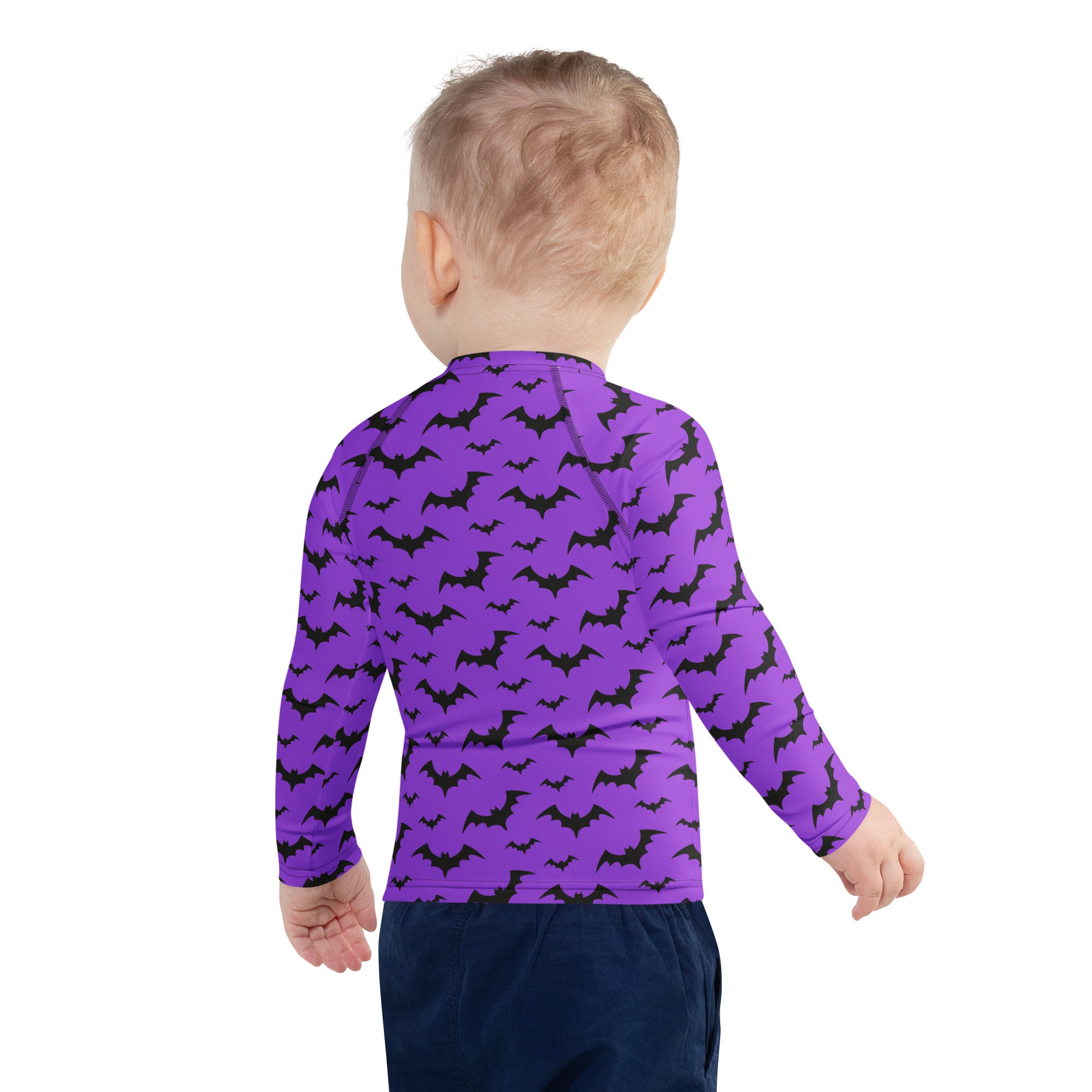 Kids purple long sleeve rash guard swim shirt with black bat pattern and UPF 50 plus for Halloween protection