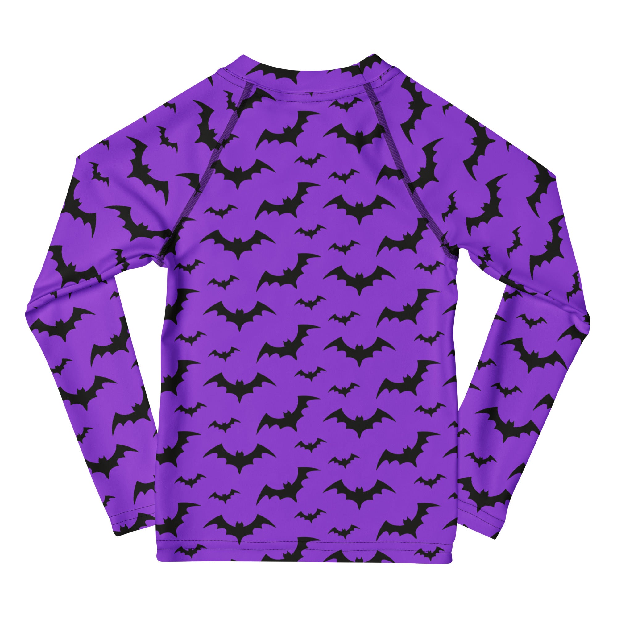 Kids purple long sleeve rash guard swim shirt with black bat pattern and UPF 50 plus for Halloween protection