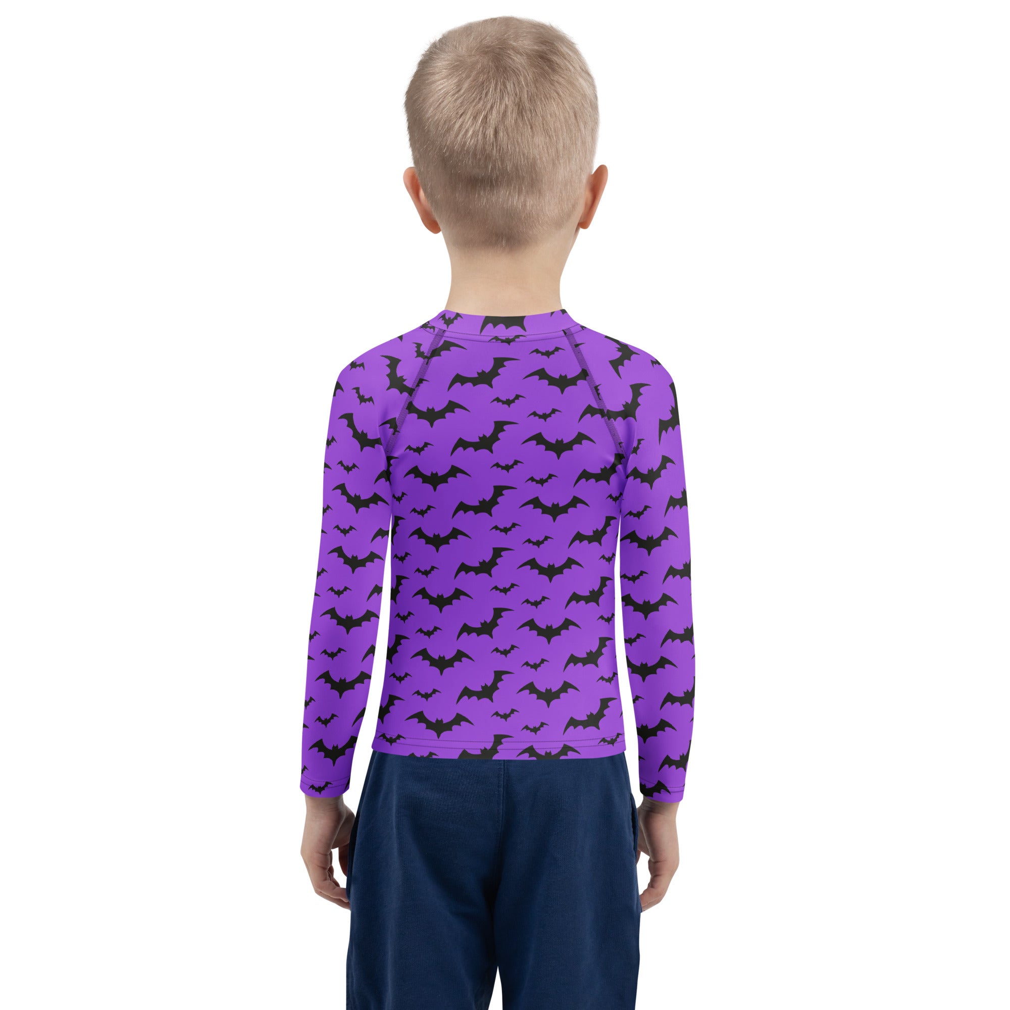 Kids purple long sleeve rash guard swim shirt with black bat pattern and upf 50 plus sun protection for halloween
