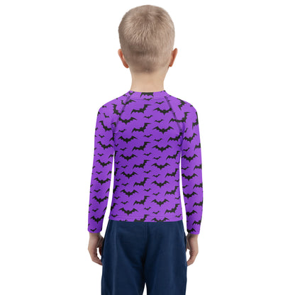 Kids Purple Bats Halloween Long Sleeve Rash Guard Swim Shirt With UPF 50+