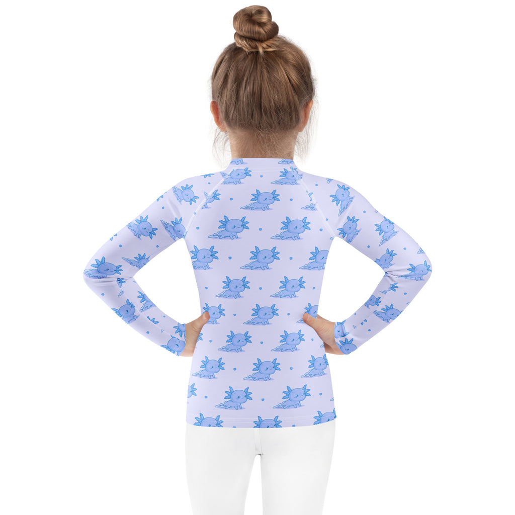 Kids Blue Axolotl Long Sleeve Rash Guard Swim Shirt With UPF 50+