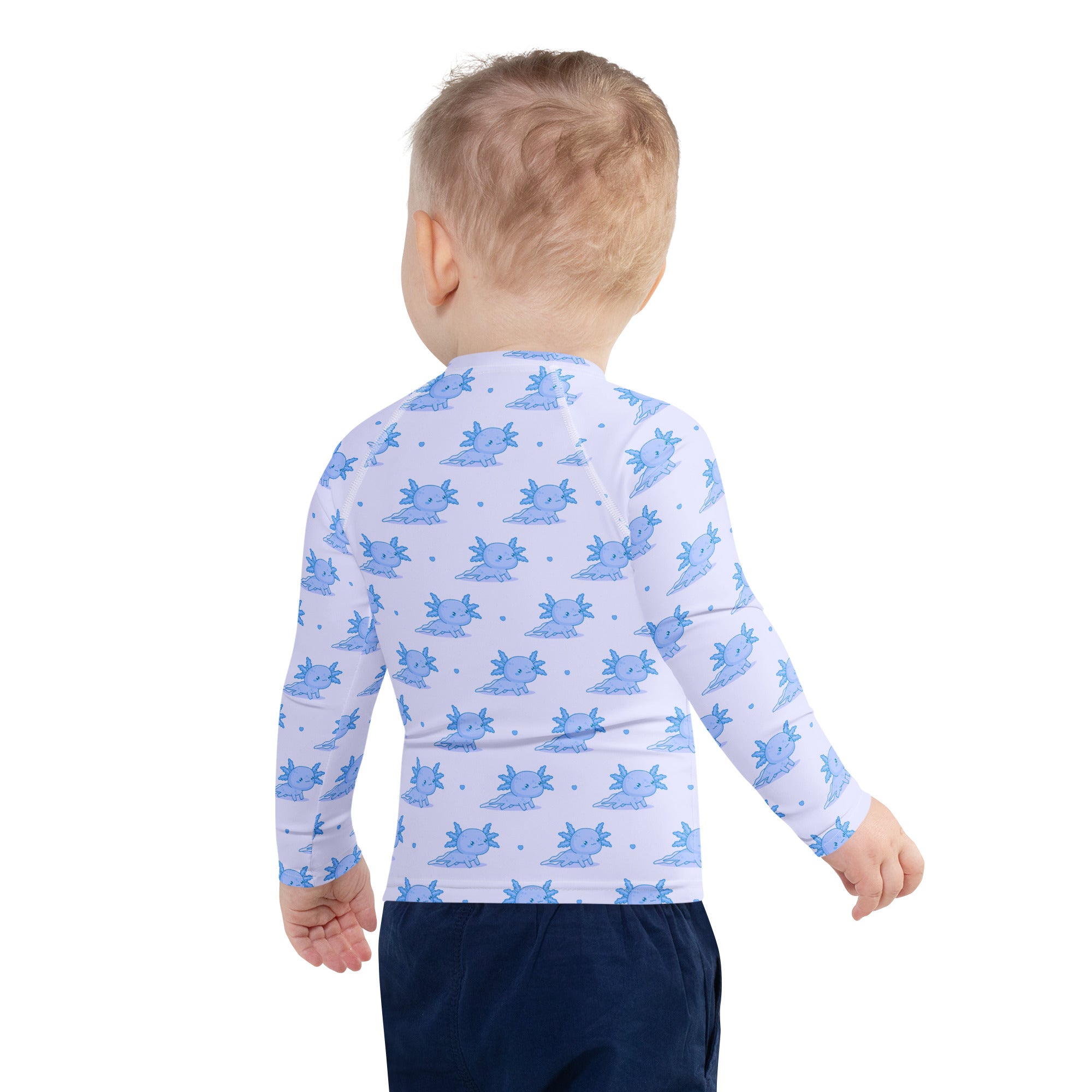 Kids Blue Axolotl Long Sleeve Rash Guard Swim Shirt With UPF 50+