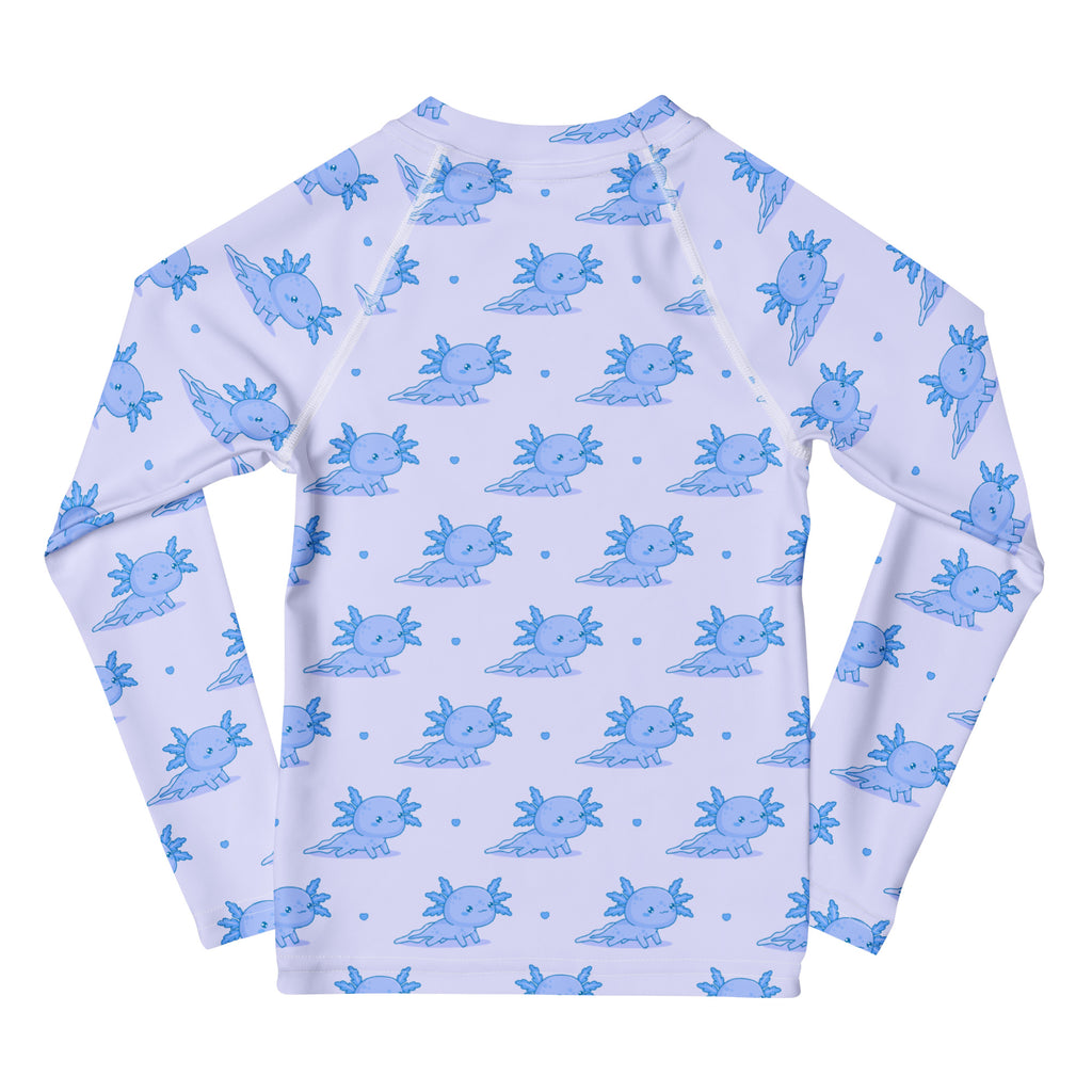 Kids Blue Axolotl Long Sleeve Rash Guard Swim Shirt With UPF 50+