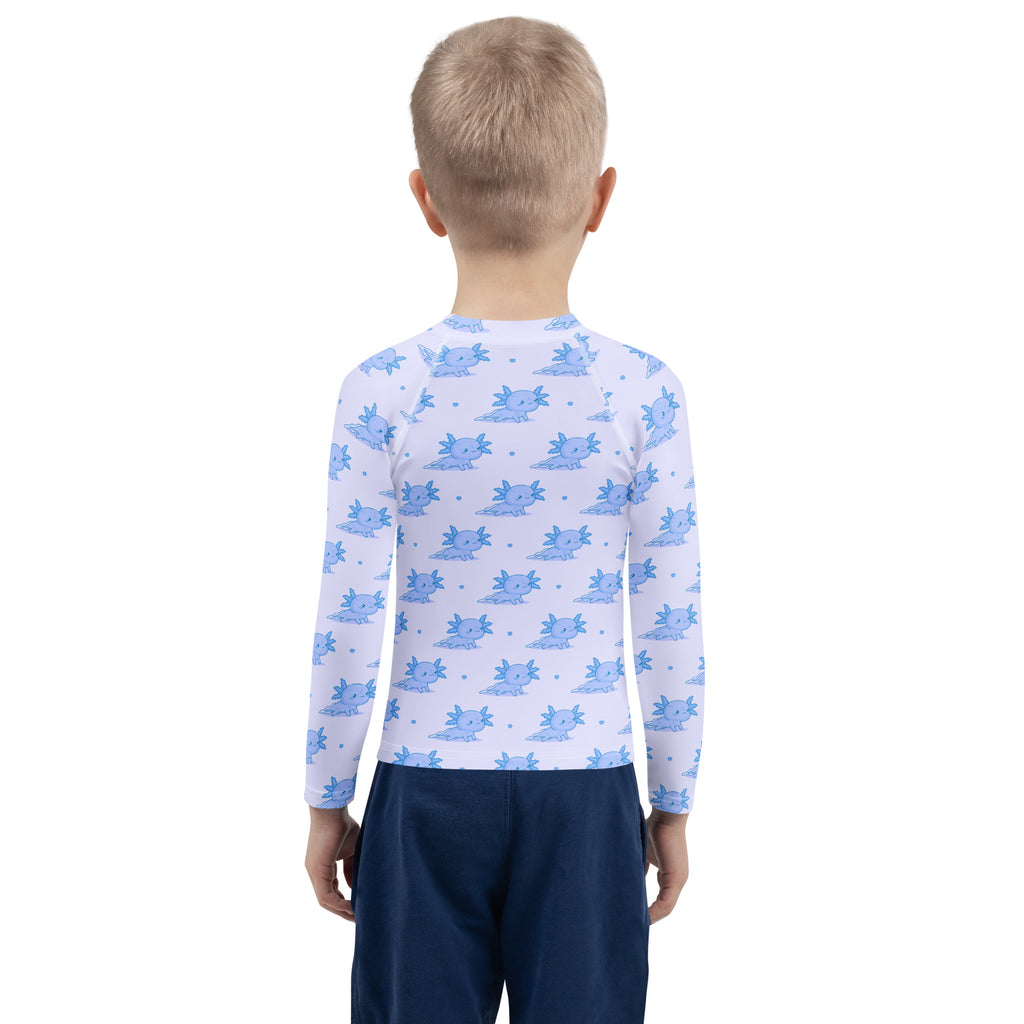 Kids Blue Axolotl Long Sleeve Rash Guard Swim Shirt With UPF 50+