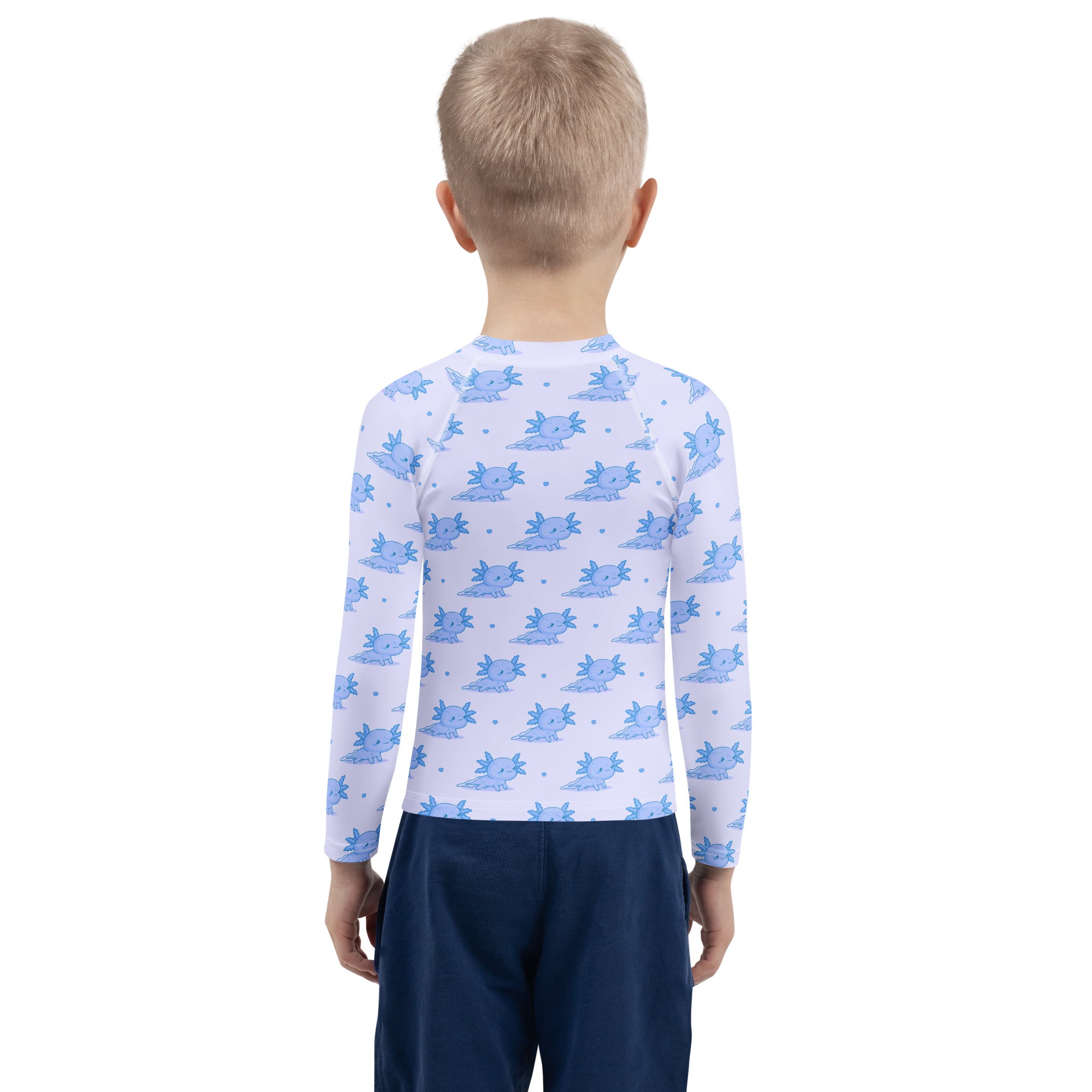 Kids Blue Axolotl Long Sleeve Rash Guard Swim Shirt With UPF 50+
