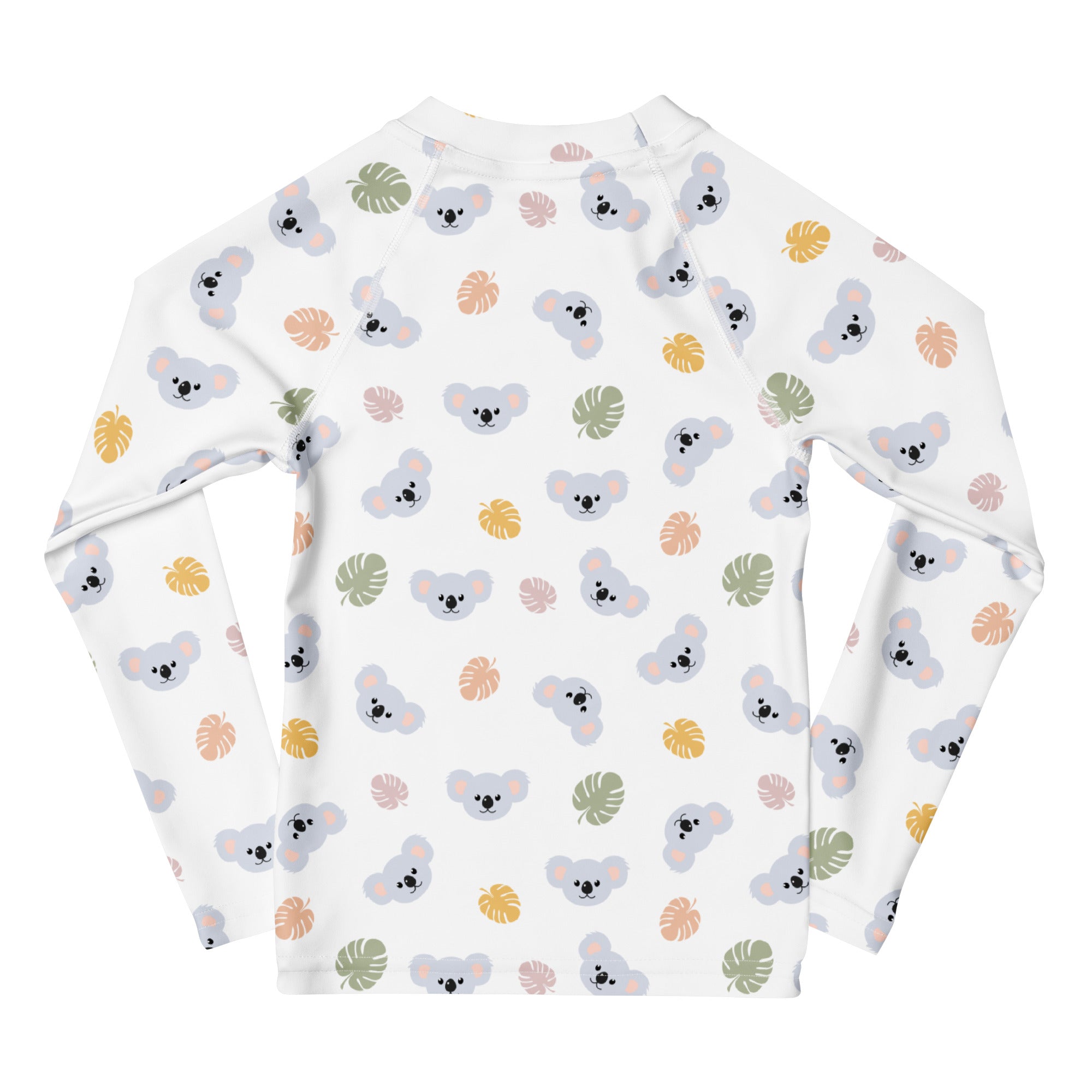 White long sleeve rash guard for kids with playful gray koalas and tropical leaves pattern and upf 50 plus protection