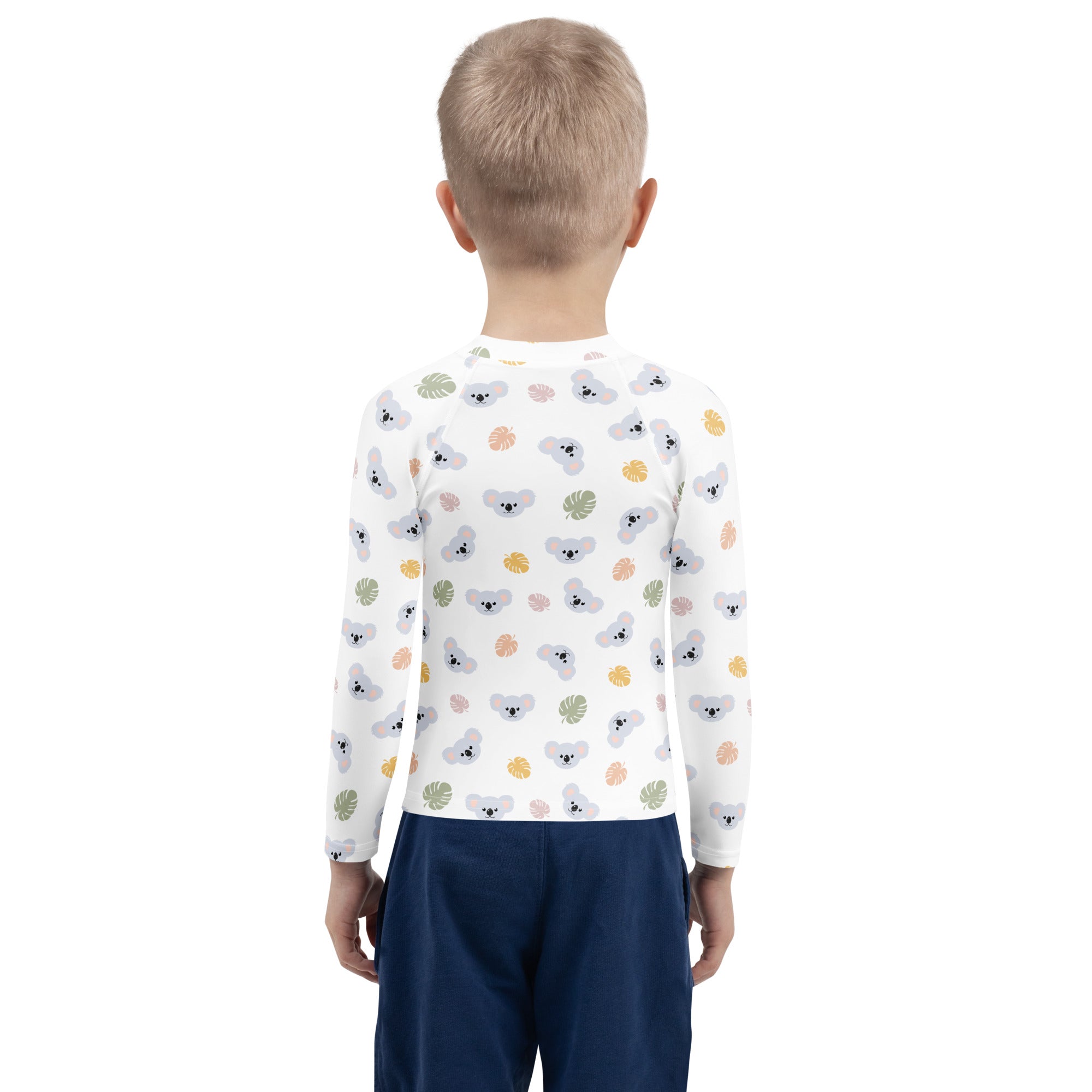 White kids koala bear long sleeve rash guard swim shirt with upf 50 featuring gray koalas and colorful tropical leaves pattern