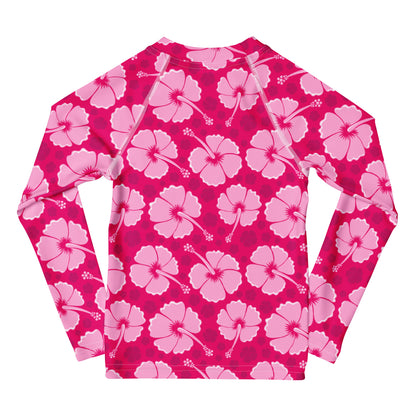 Girls Tropical Pink Hibiscus Long Sleeve Rash Guard Swim Shirt With UPF 50+
