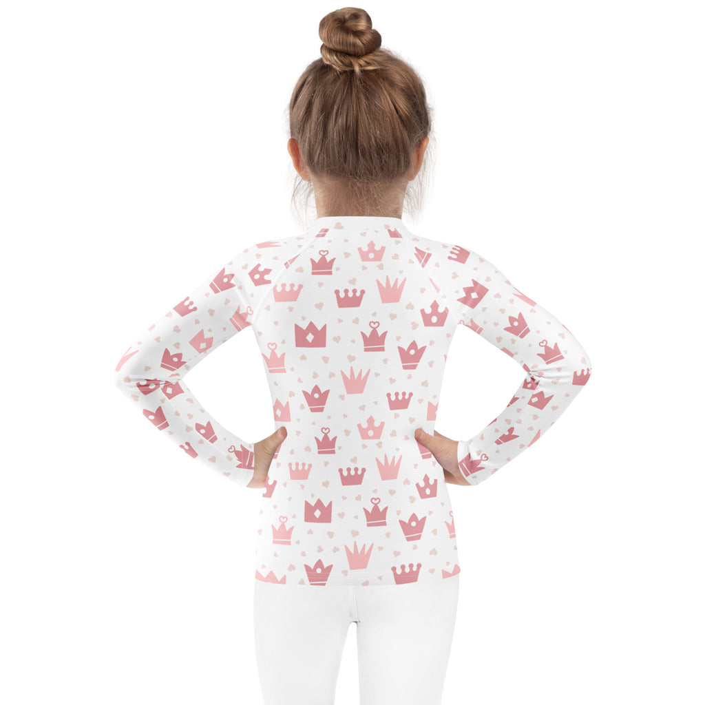 White girls princess crown long sleeve rash guard swim shirt with pink crown pattern and upf 50 protection