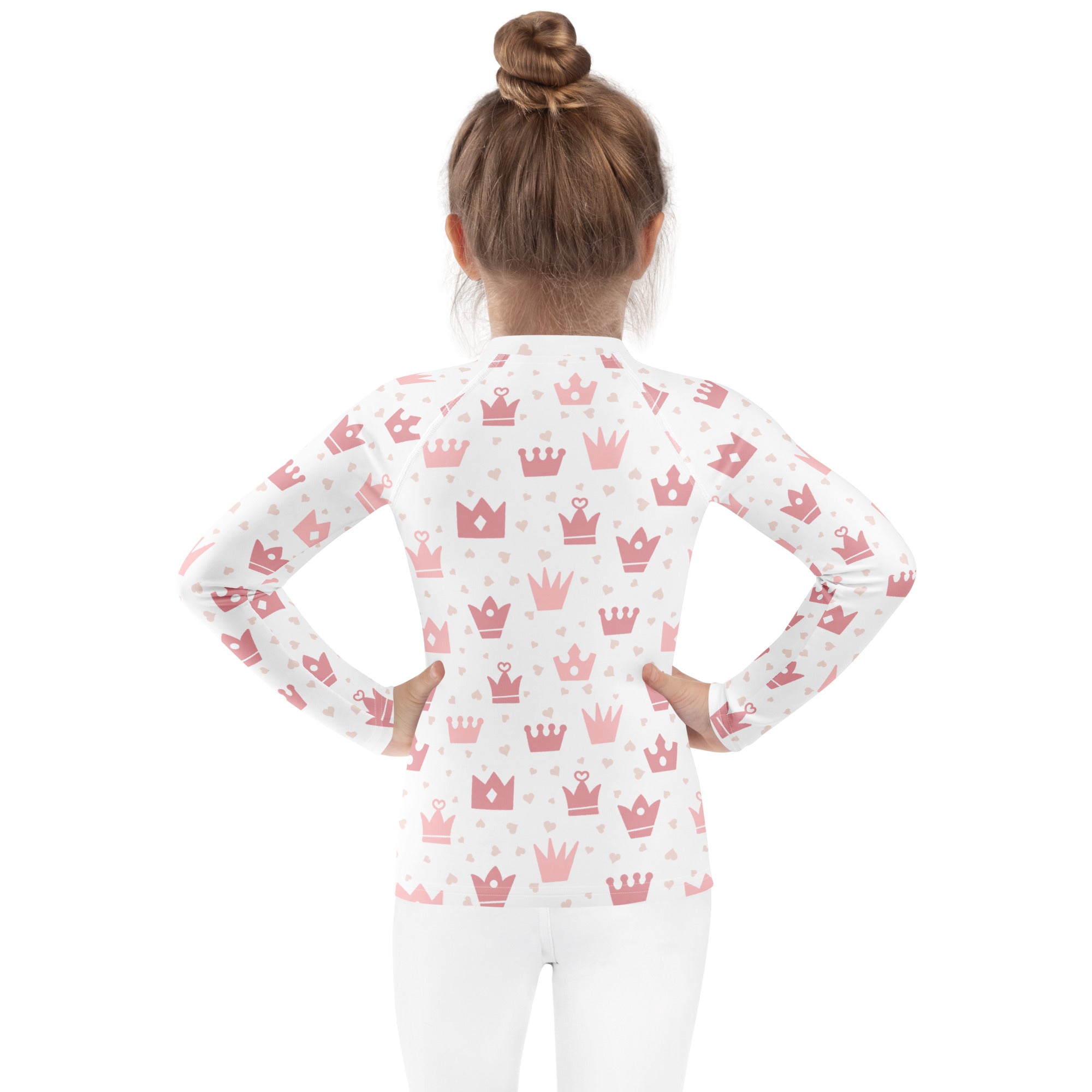 White girls princess crown long sleeve rash guard swim shirt with pink crown pattern and upf 50 protection