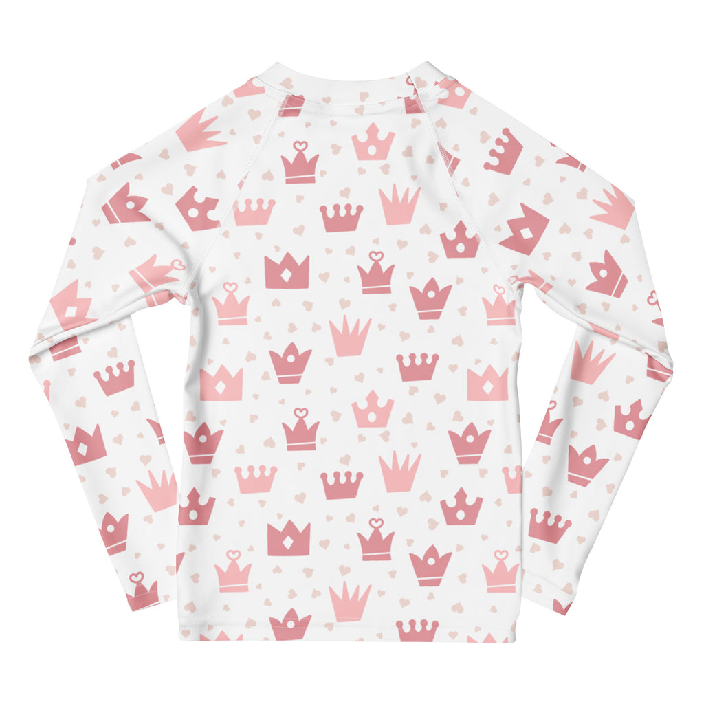 White long-sleeved rash guard with pink crown and heart pattern girls princess swim shirt with upf 50+ protection