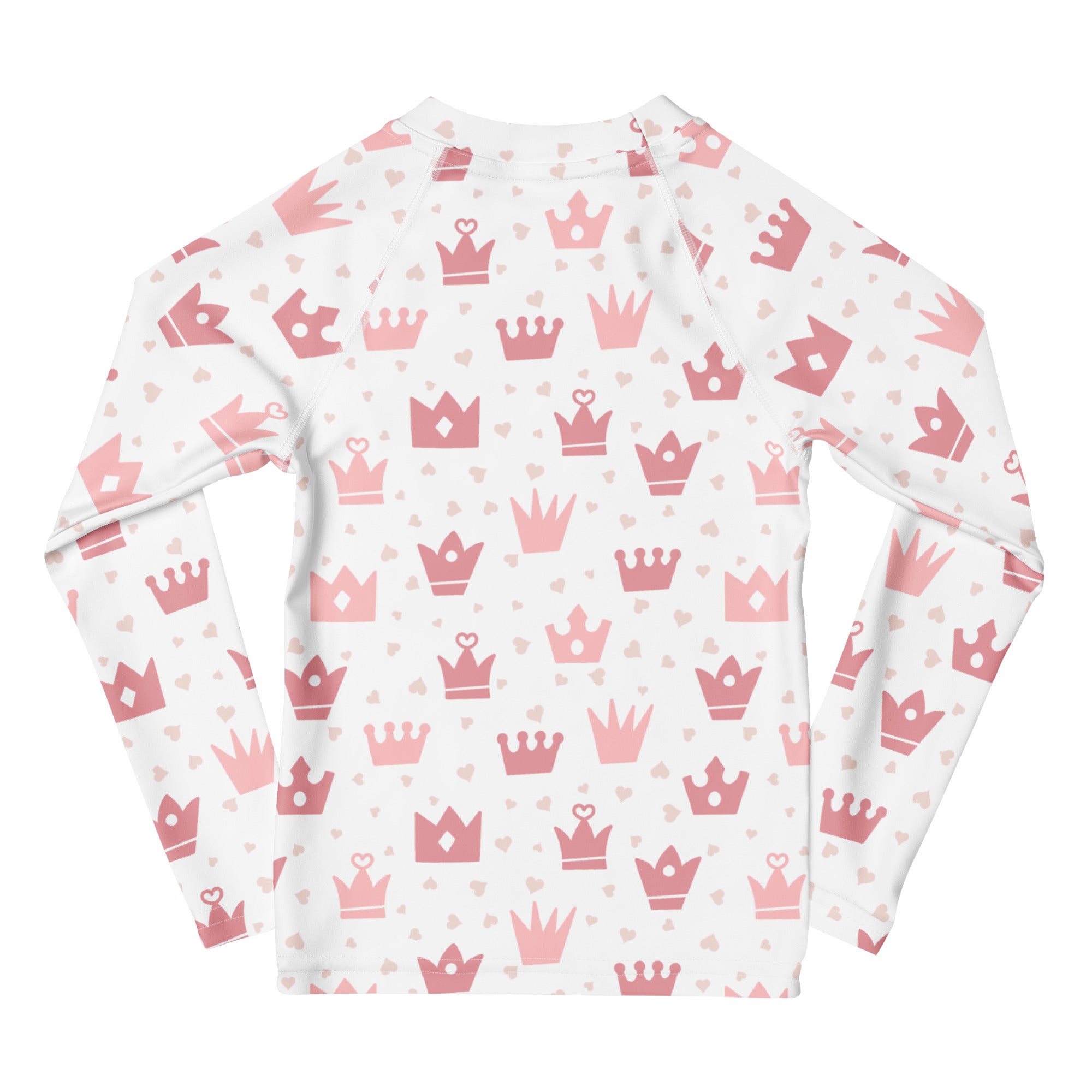 White long-sleeved rash guard with pink crown and heart pattern girls princess swim shirt with upf 50+ protection