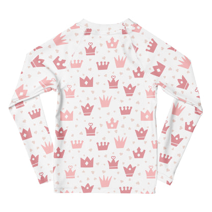 Girls Princess Crown Long Sleeve Rash Guard Swim Shirt With UPF 50+