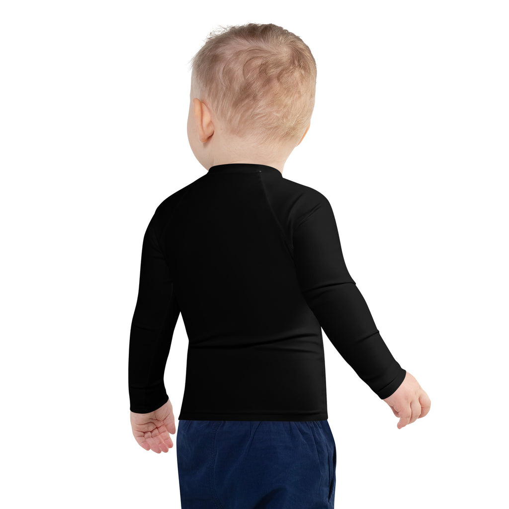 Black long-sleeve rash guard swim shirt for kids with solar system planets print and upf 50 plus sun protection