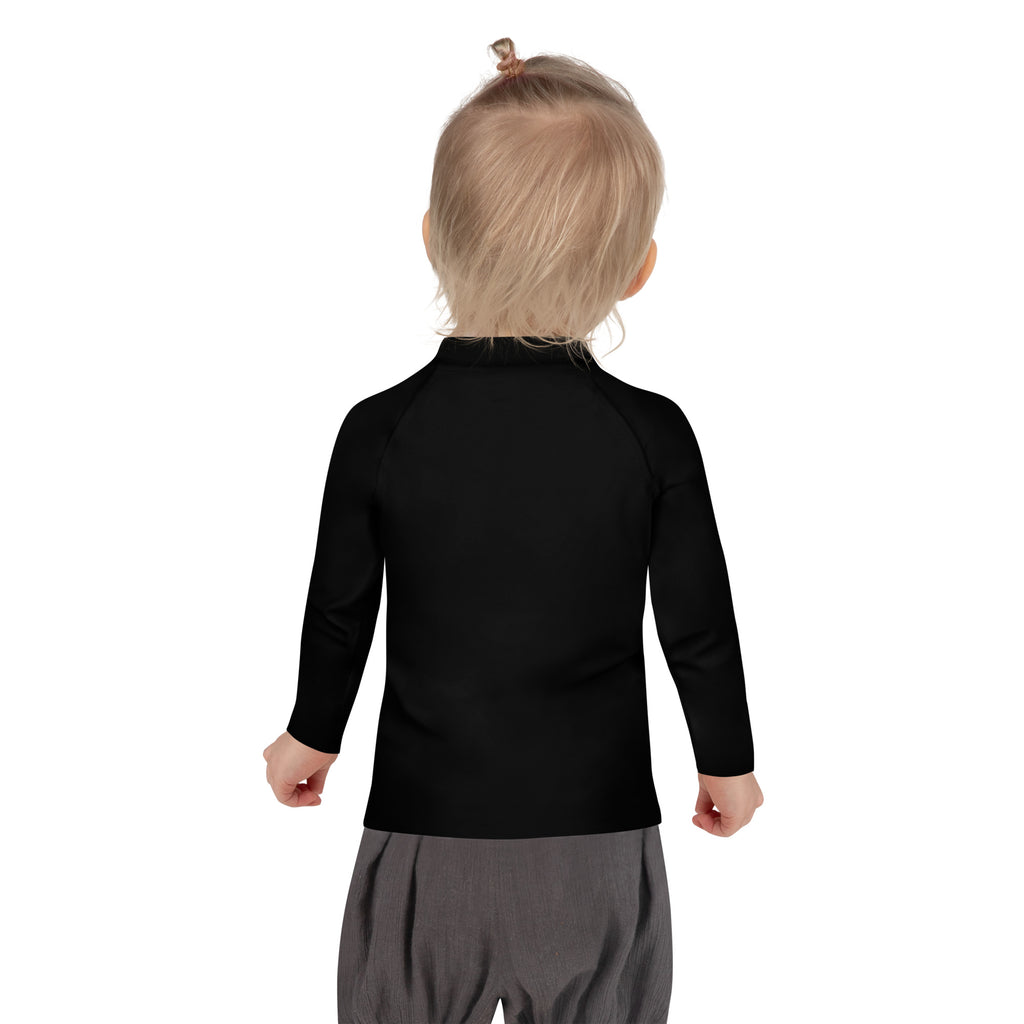 Black kids long-sleeve rash guard swim shirt with colorful horse outline high collar and upf 50 protection