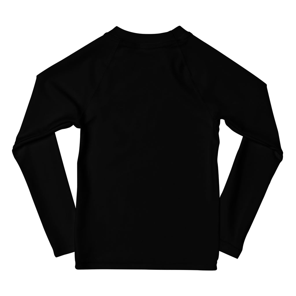 Black long-sleeved kids rash guard swim shirt with colorful horse outline and upf 50 plus for sun protection