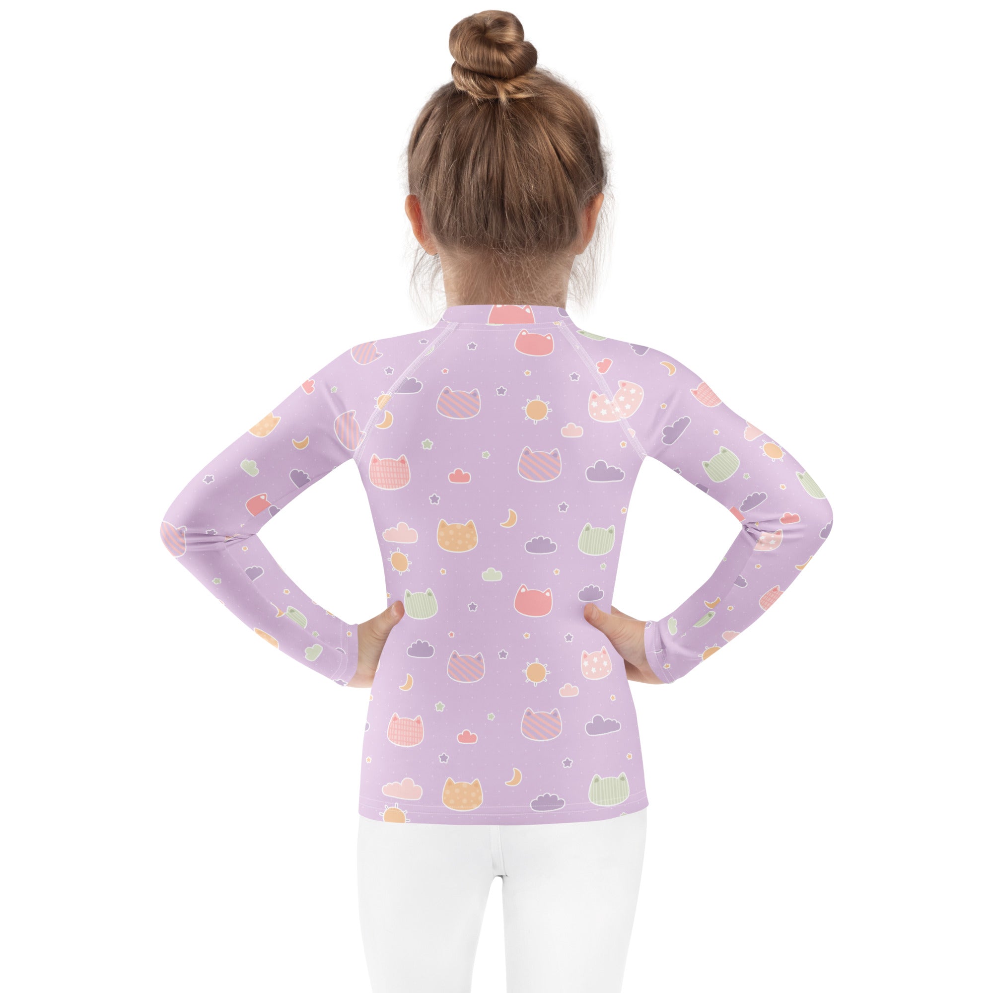 Girls Pastel Purple Kawaii Cats & Clouds Long Sleeve Rash Guard Swim Shirt With UPF 50+