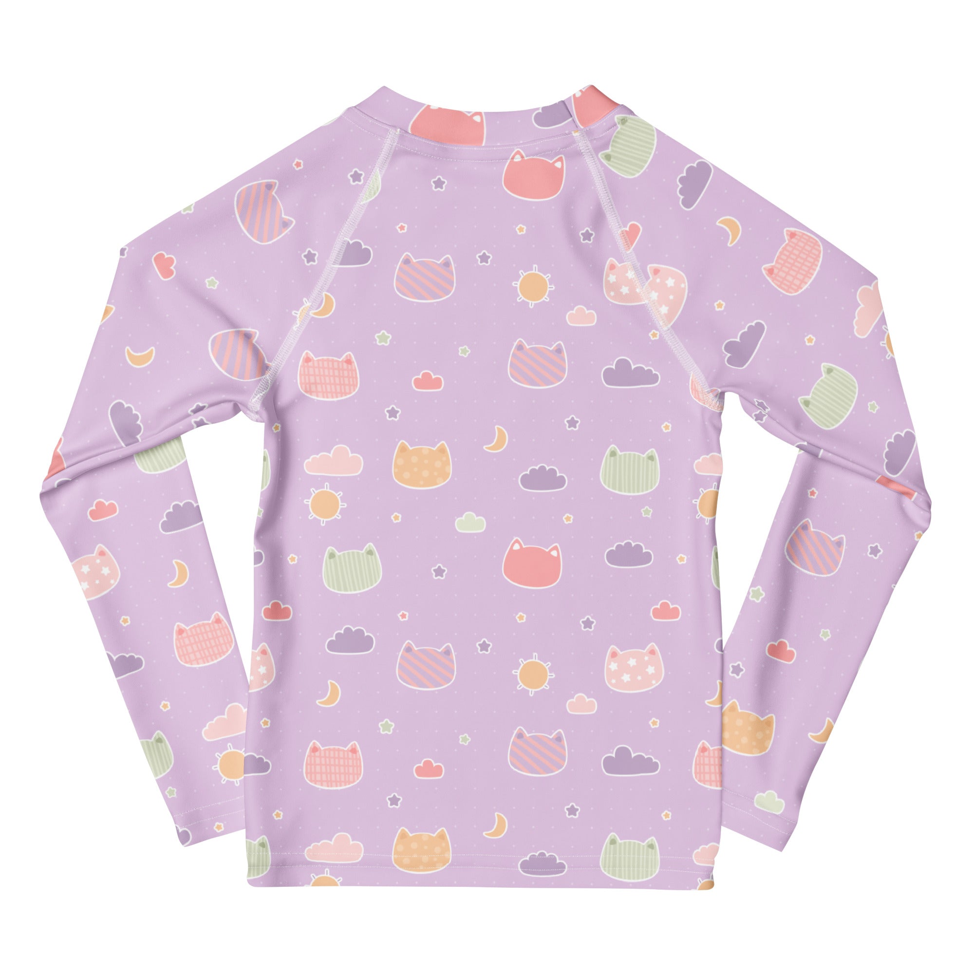 Girls Pastel Purple Kawaii Cats & Clouds Long Sleeve Rash Guard Swim Shirt With UPF 50+