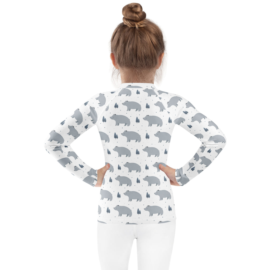 Kids polar bear long sleeve rash guard swim shirt with upf 50 plus white with gray bear and tree pattern