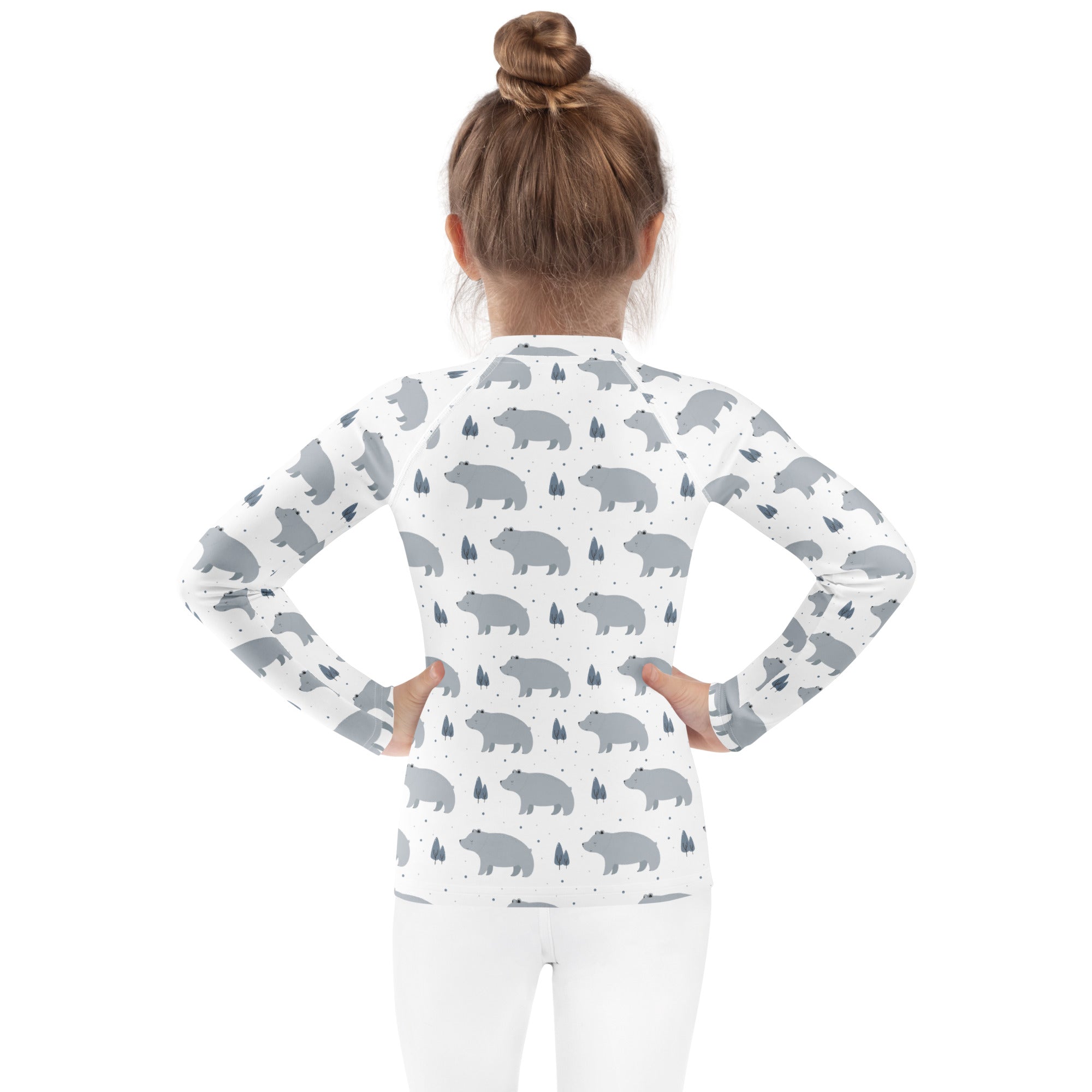 Kids polar bear long sleeve rash guard swim shirt with upf 50 plus white with gray bear and tree pattern