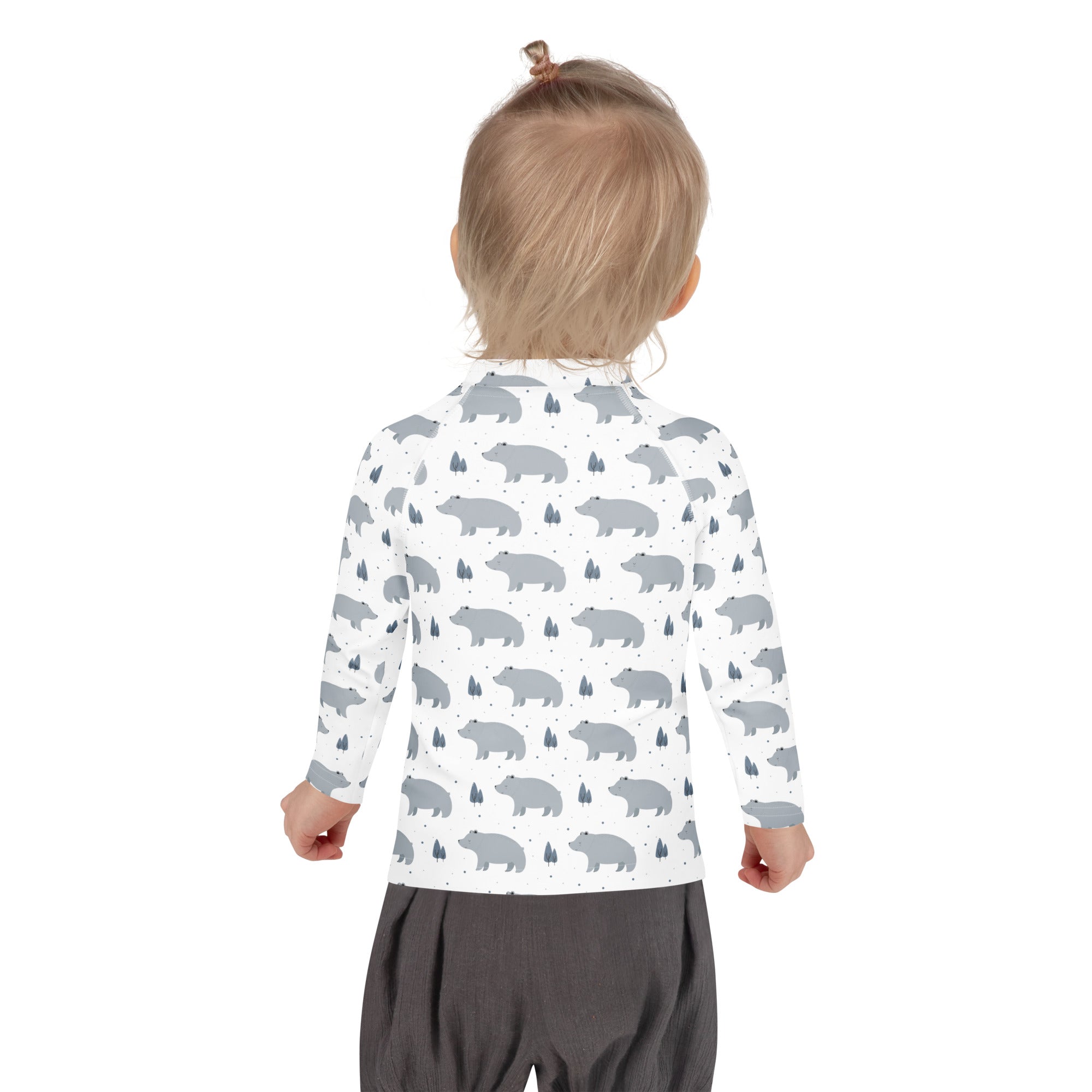 White kids polar bear long sleeve rash guard swim shirt with upf 50 plus featuring gray bear and tree pattern
