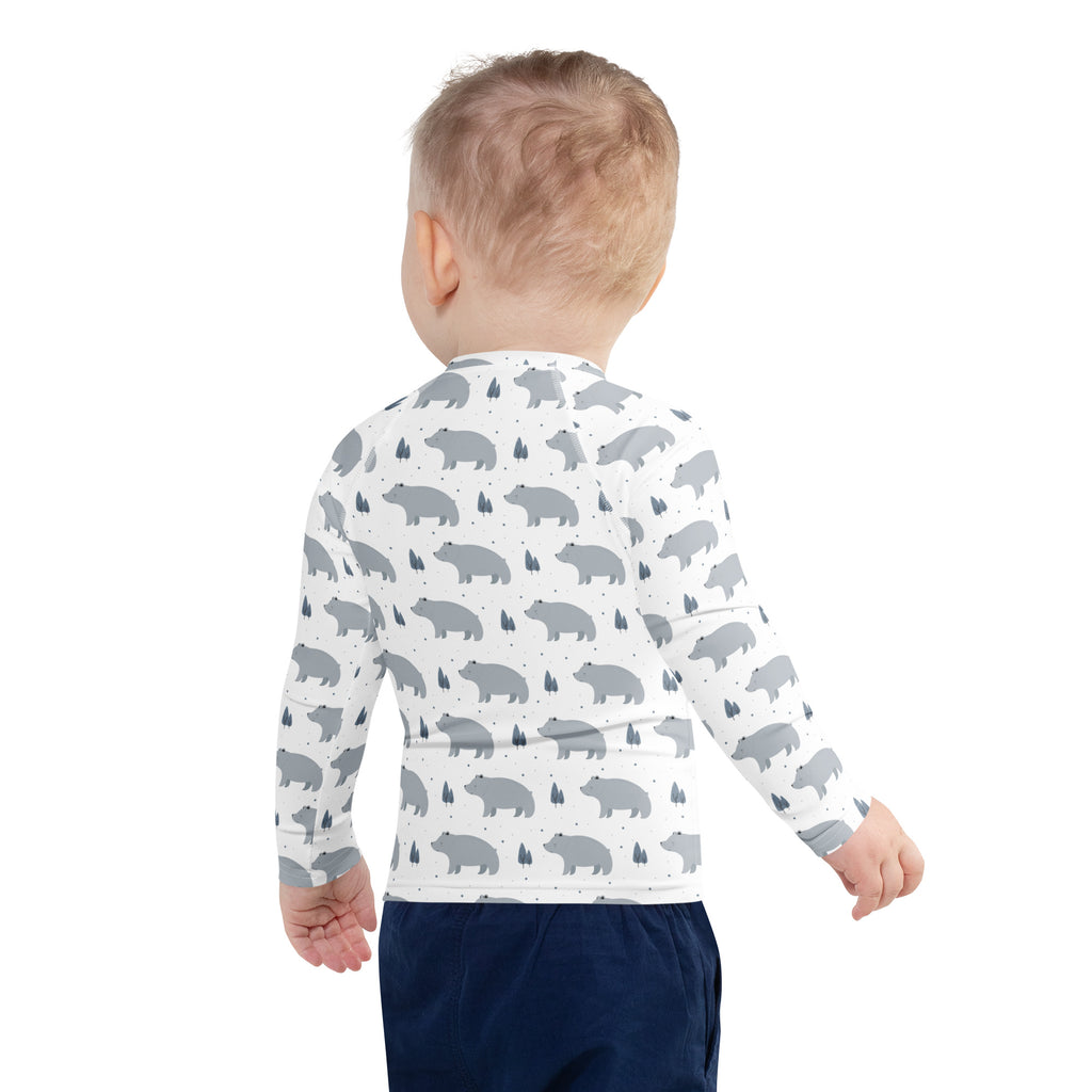 White kids long sleeve rash guard swim shirt with upf 50 plus featuring gray bear and tree pattern