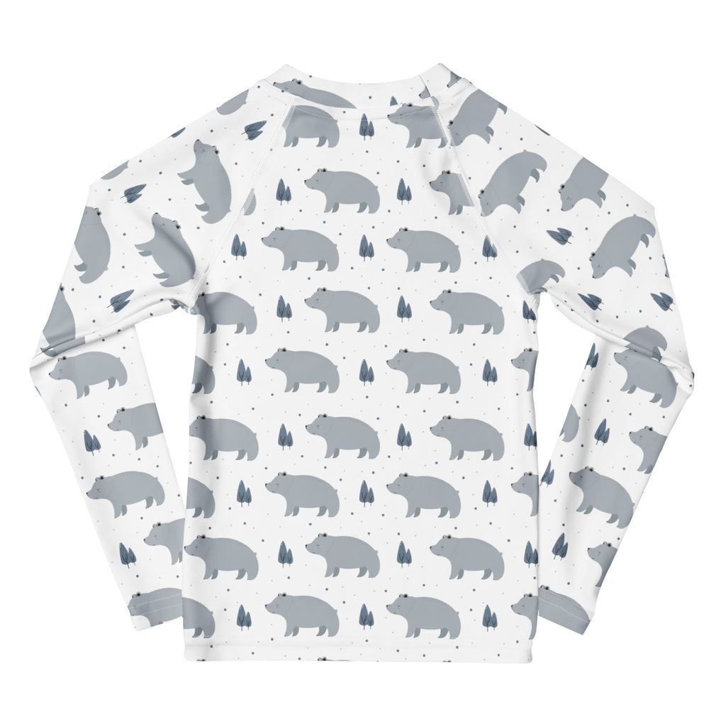 White kids polar bear long sleeve rash guard swim shirt with gray bear and dark blue tree pattern upf 50 plus