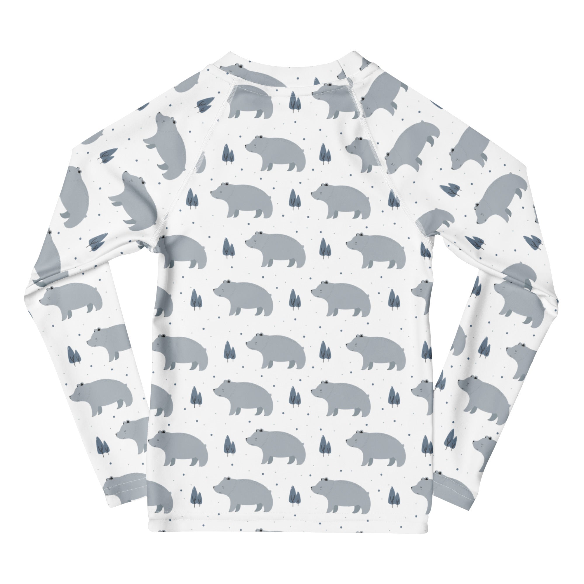 White kids polar bear long sleeve rash guard swim shirt with gray bear and dark blue tree pattern upf 50 plus