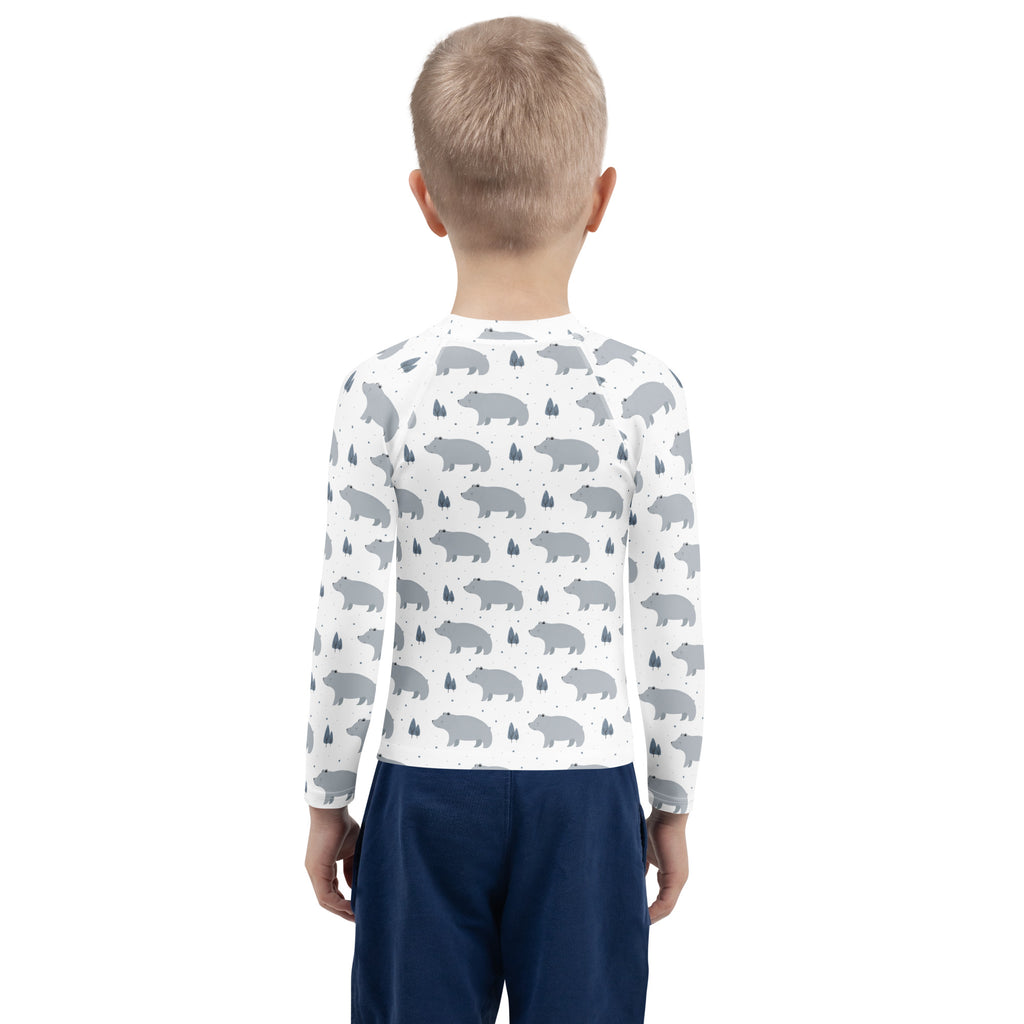 Kids polar bear long sleeve rash guard swim shirt with upf 50 plus white with gray bear and tree pattern