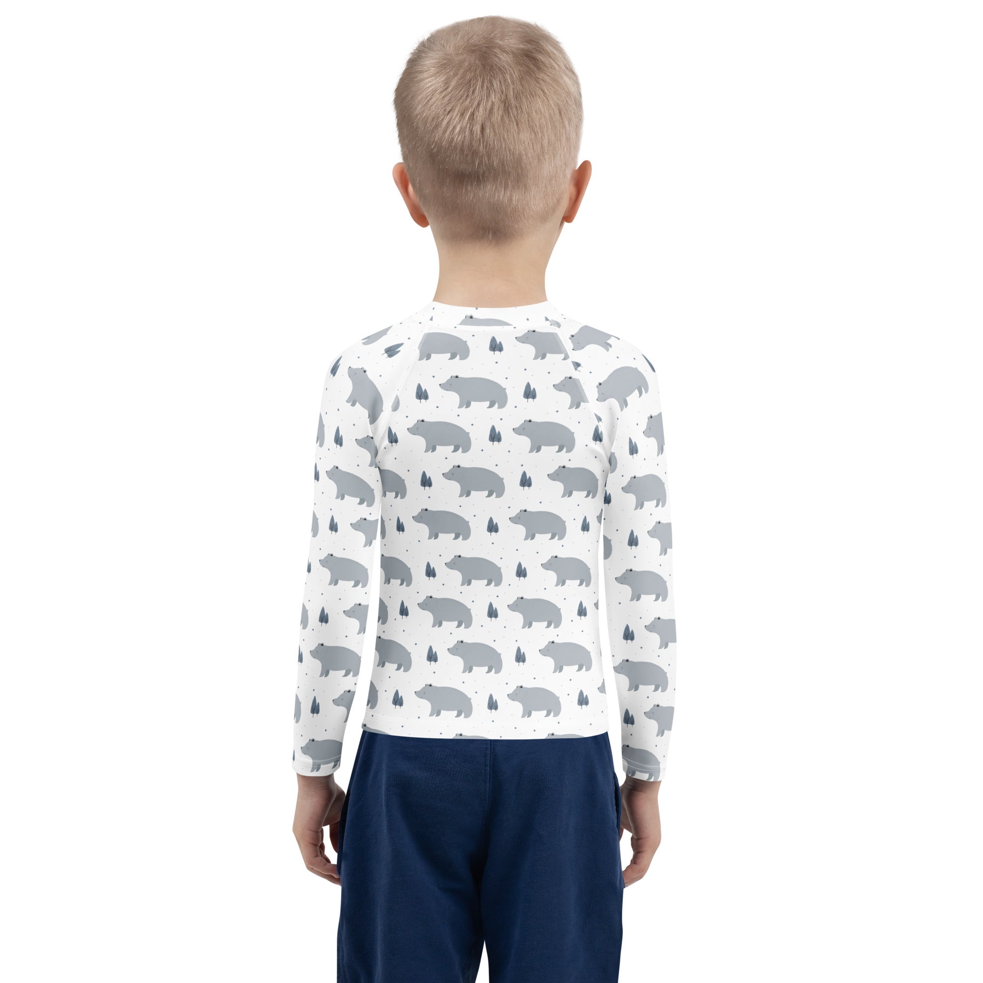 Kids polar bear long sleeve rash guard swim shirt with upf 50 plus white with gray bear and tree pattern