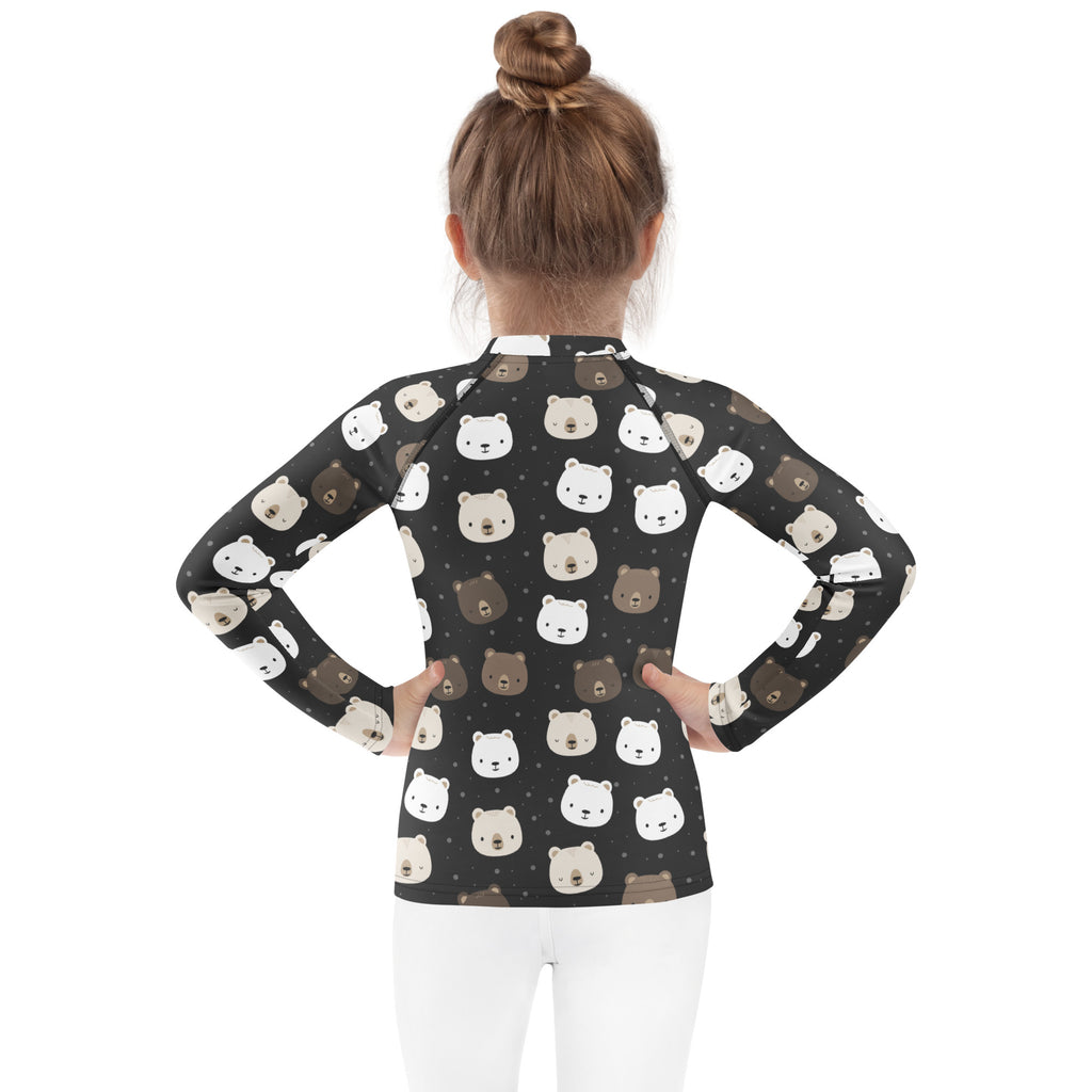 Black kids long sleeve rash guard swim shirt with playful white and brown bear faces and upf 50+ protection