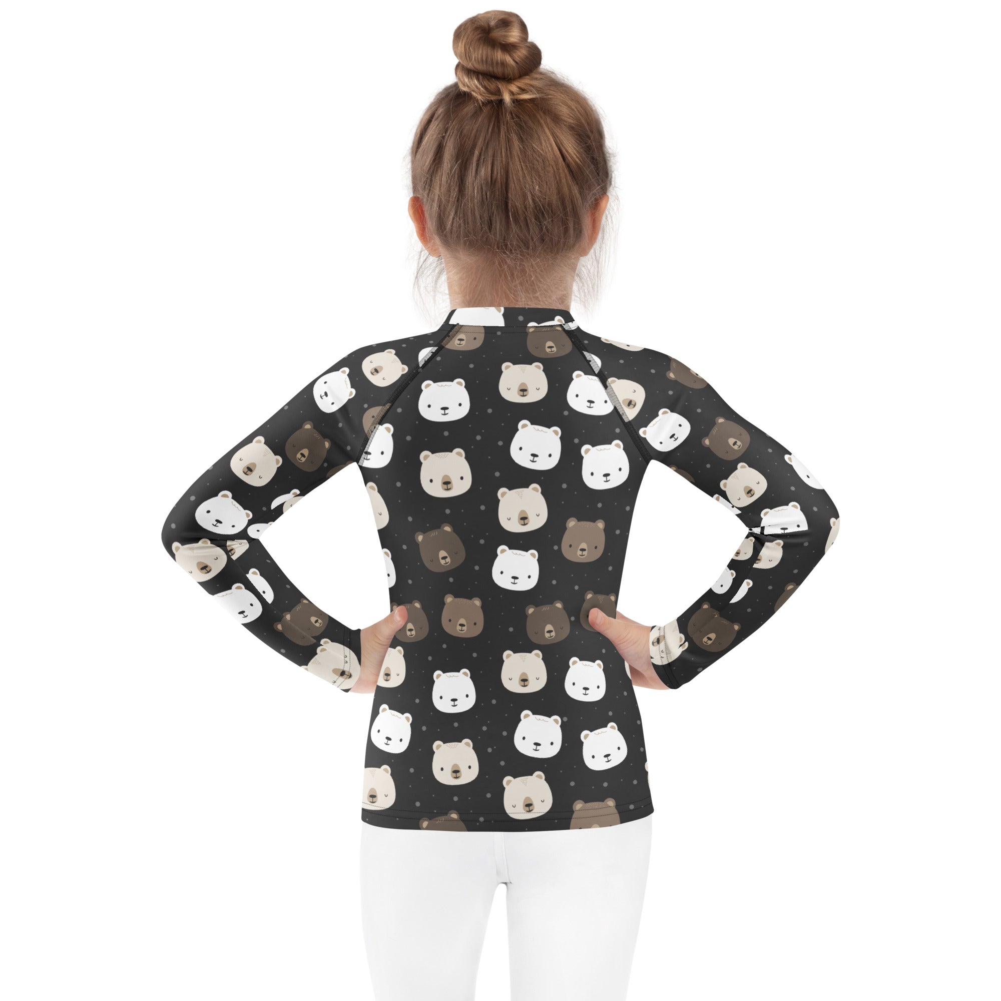 Black kids long sleeve rash guard swim shirt with playful white and brown bear faces and upf 50+ protection