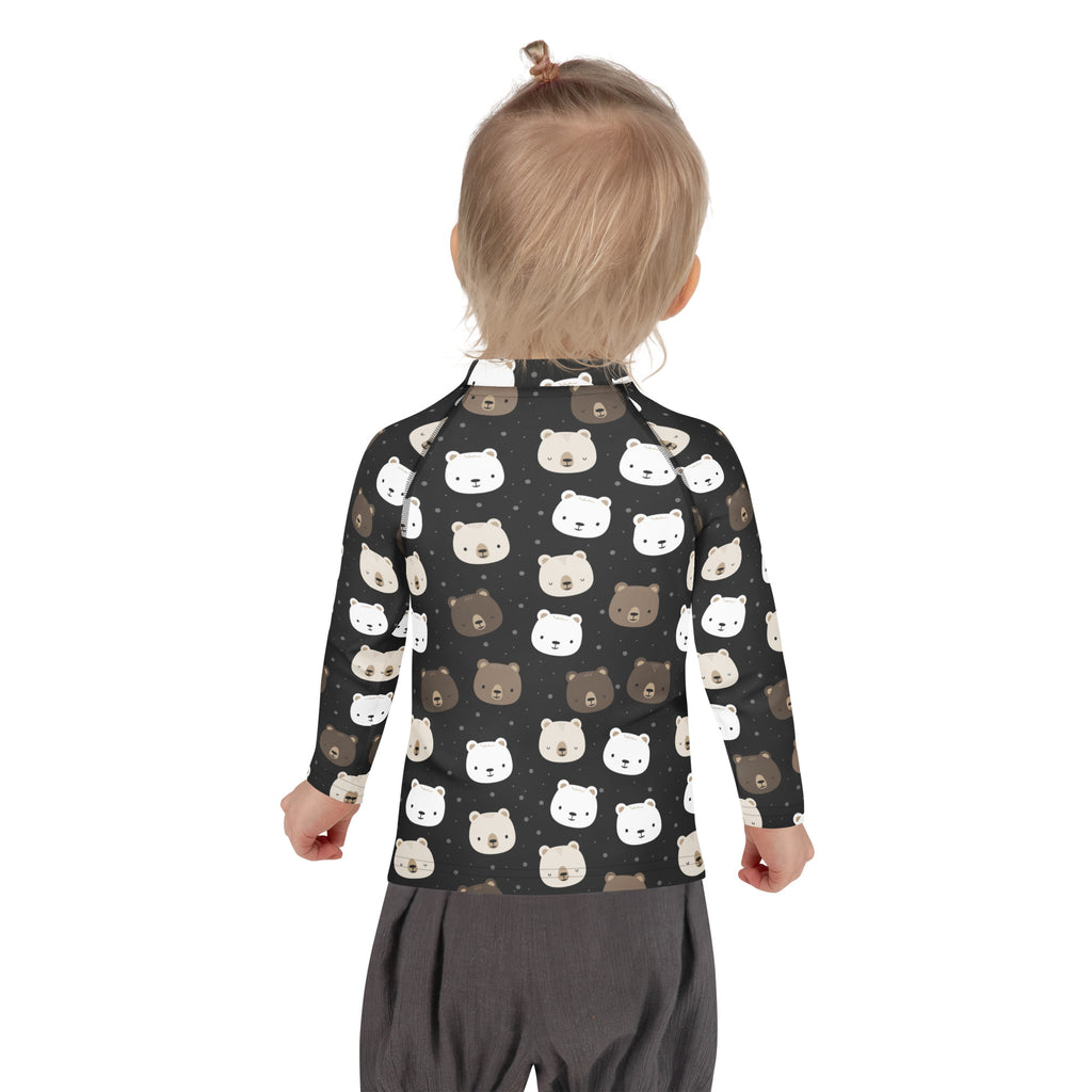 Black long sleeve rash guard with playful white and brown bear faces designed for kids with upf 50 plus sun protection