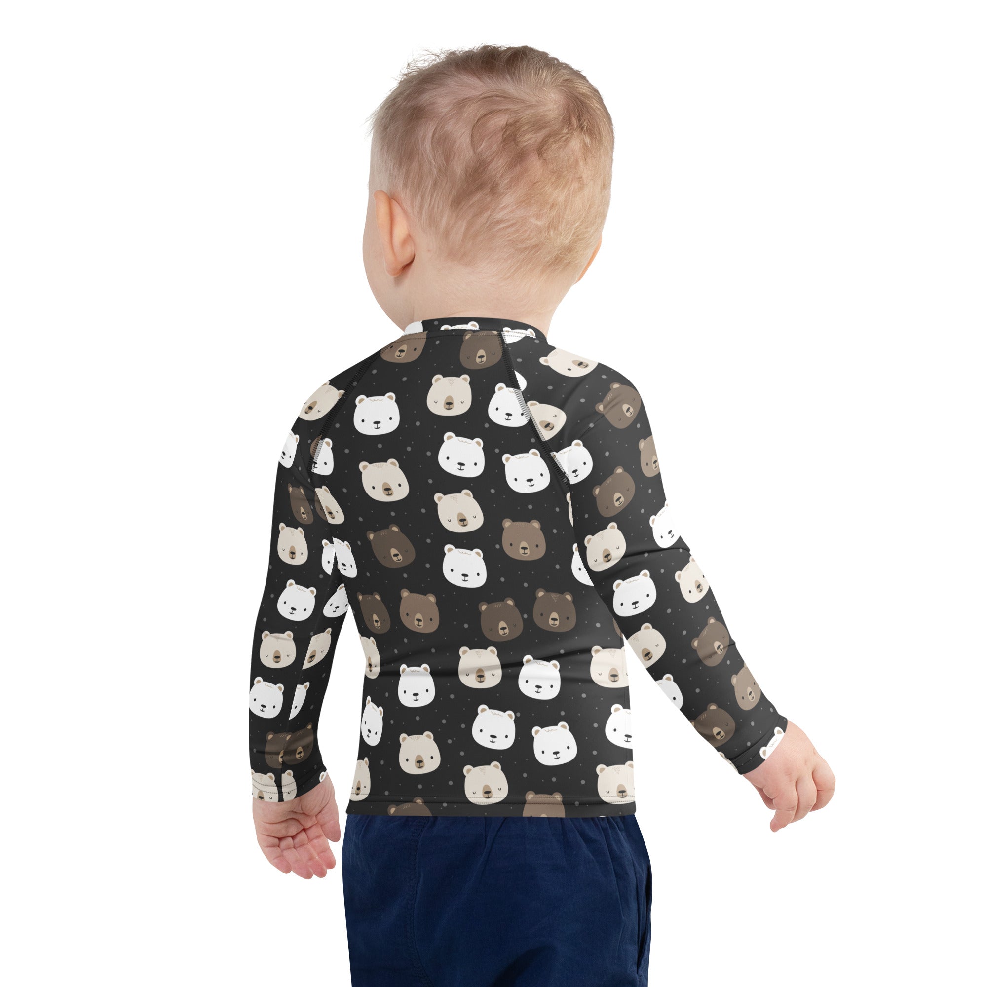 Black long sleeve rash guard with playful white and brown bear faces featuring UPF 50 plus for kids swimwear