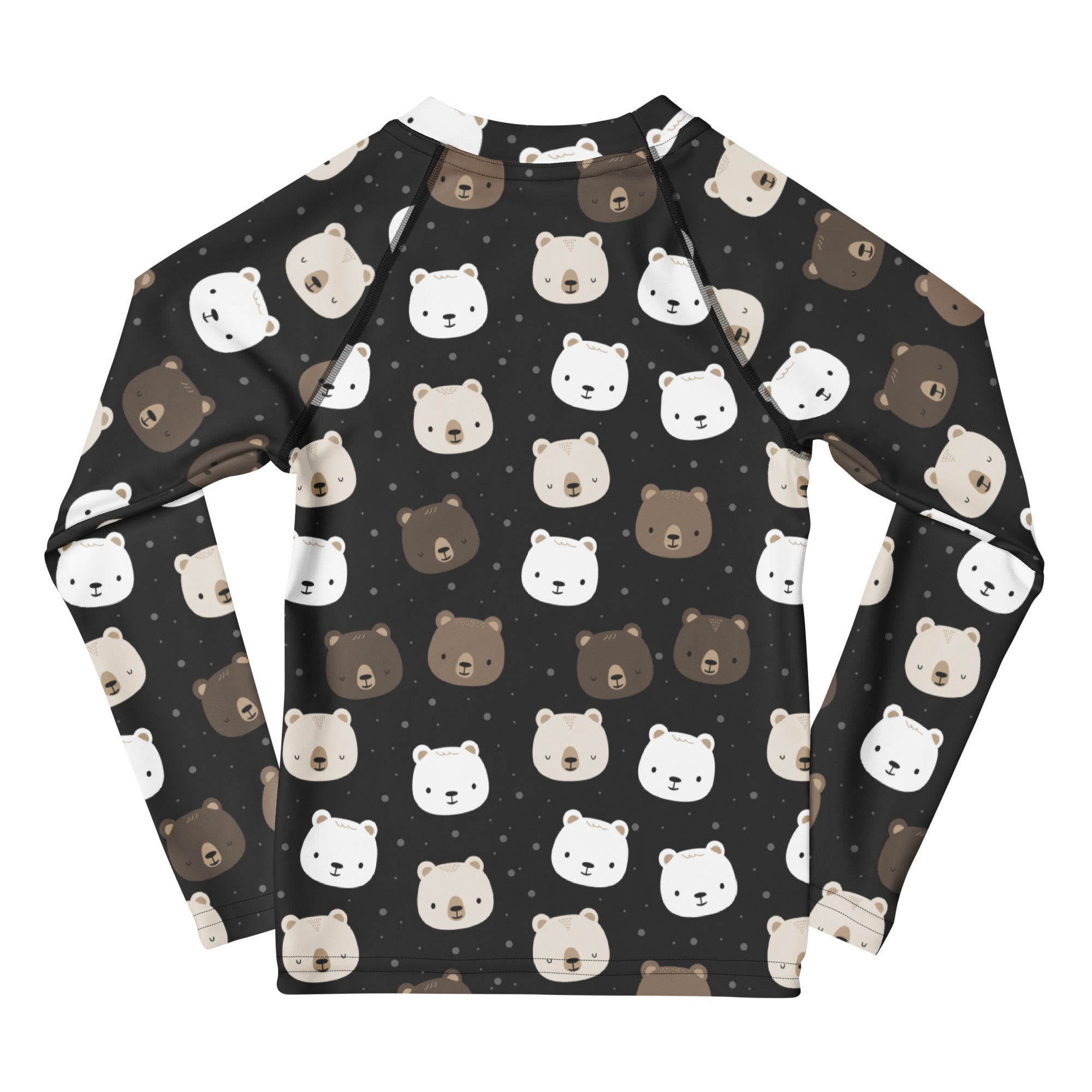Black long sleeve kids rash guard with playful white and brown cartoon bear faces and UPF 50 plus sun protection