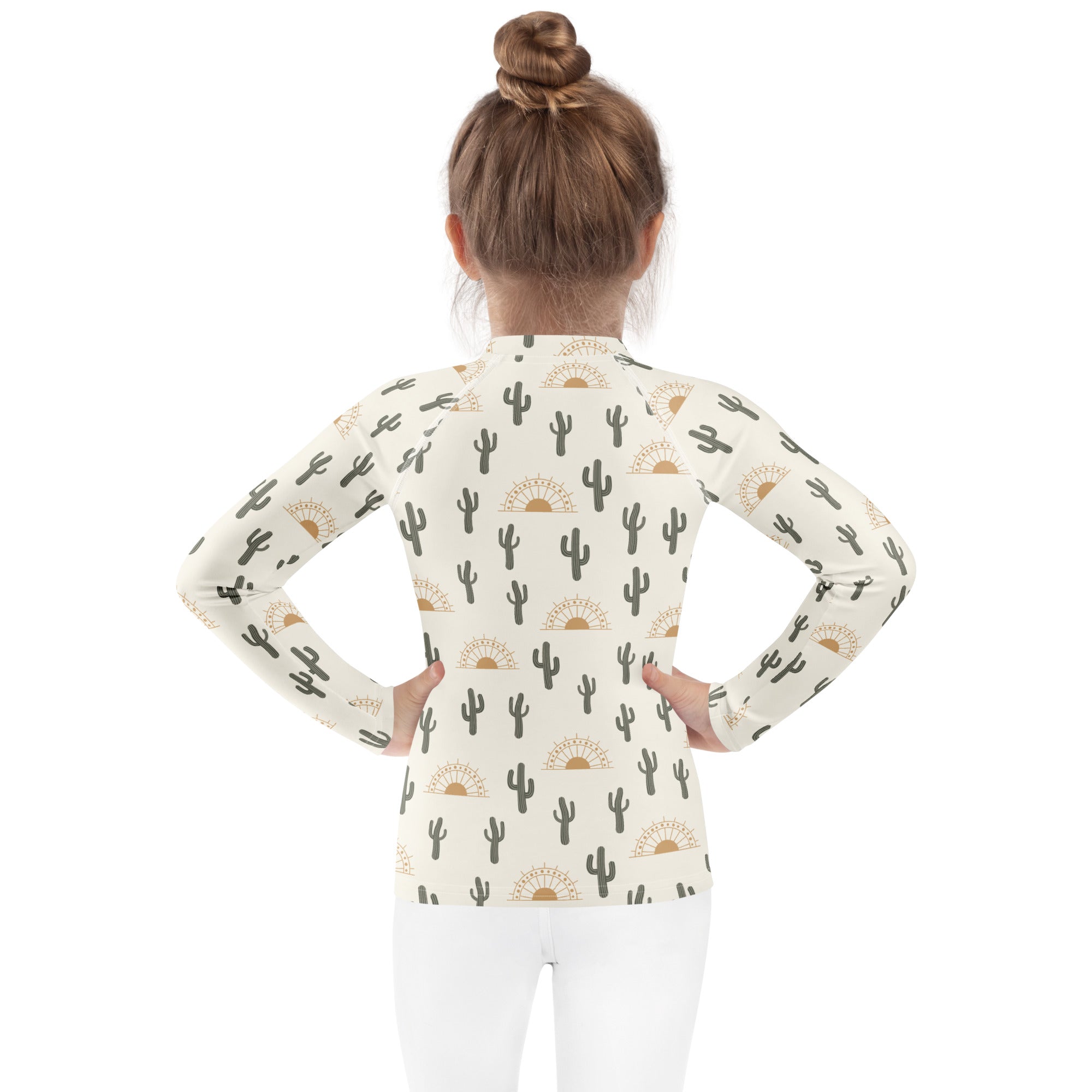 Kids cactus desert sunrise long sleeve rash guard swim shirt cream with black cactus and gold sunburst patterns upf 50+