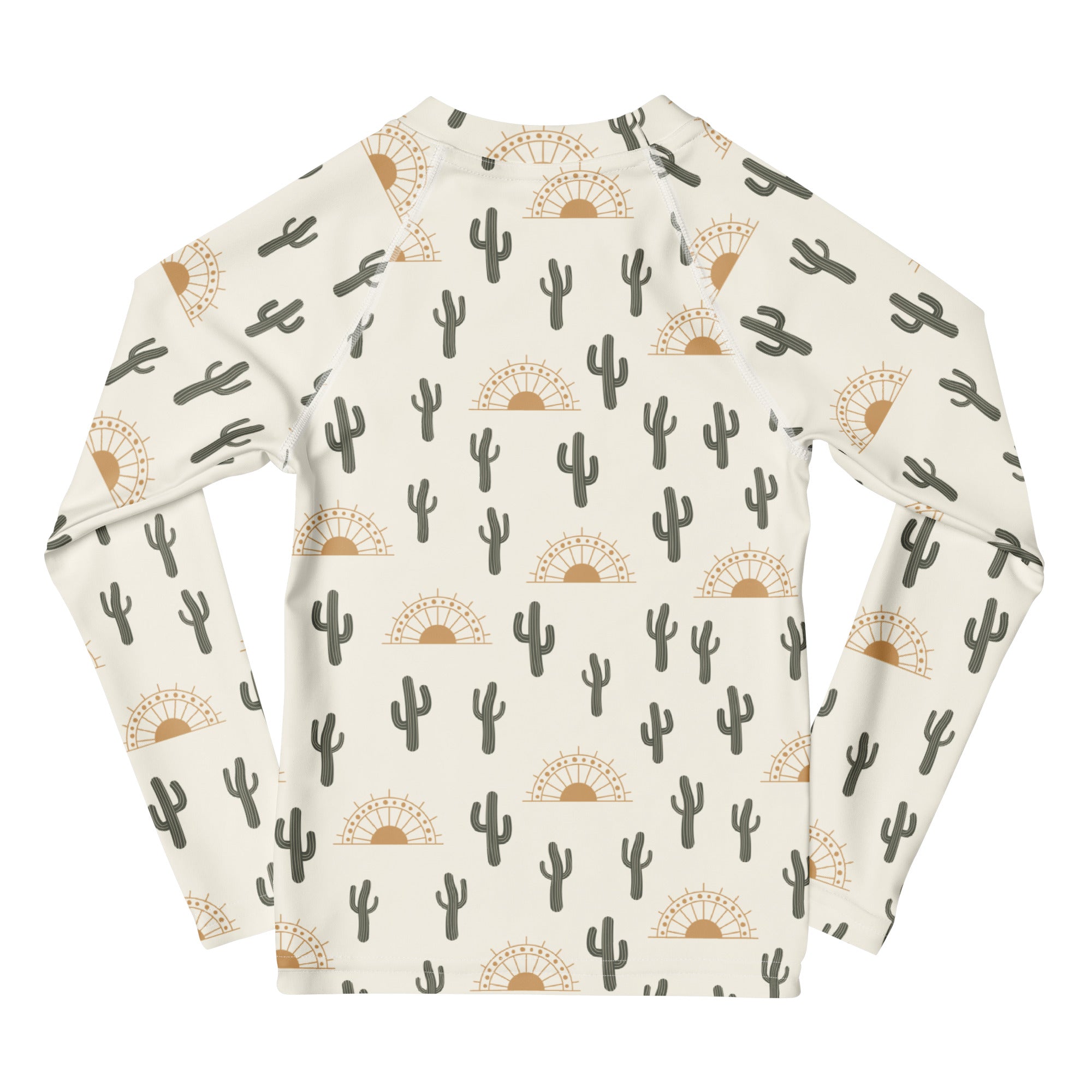 Cream-colored kids long sleeve rash guard with repeating black cacti and tan sunburst pattern upf 50+ swim shirt