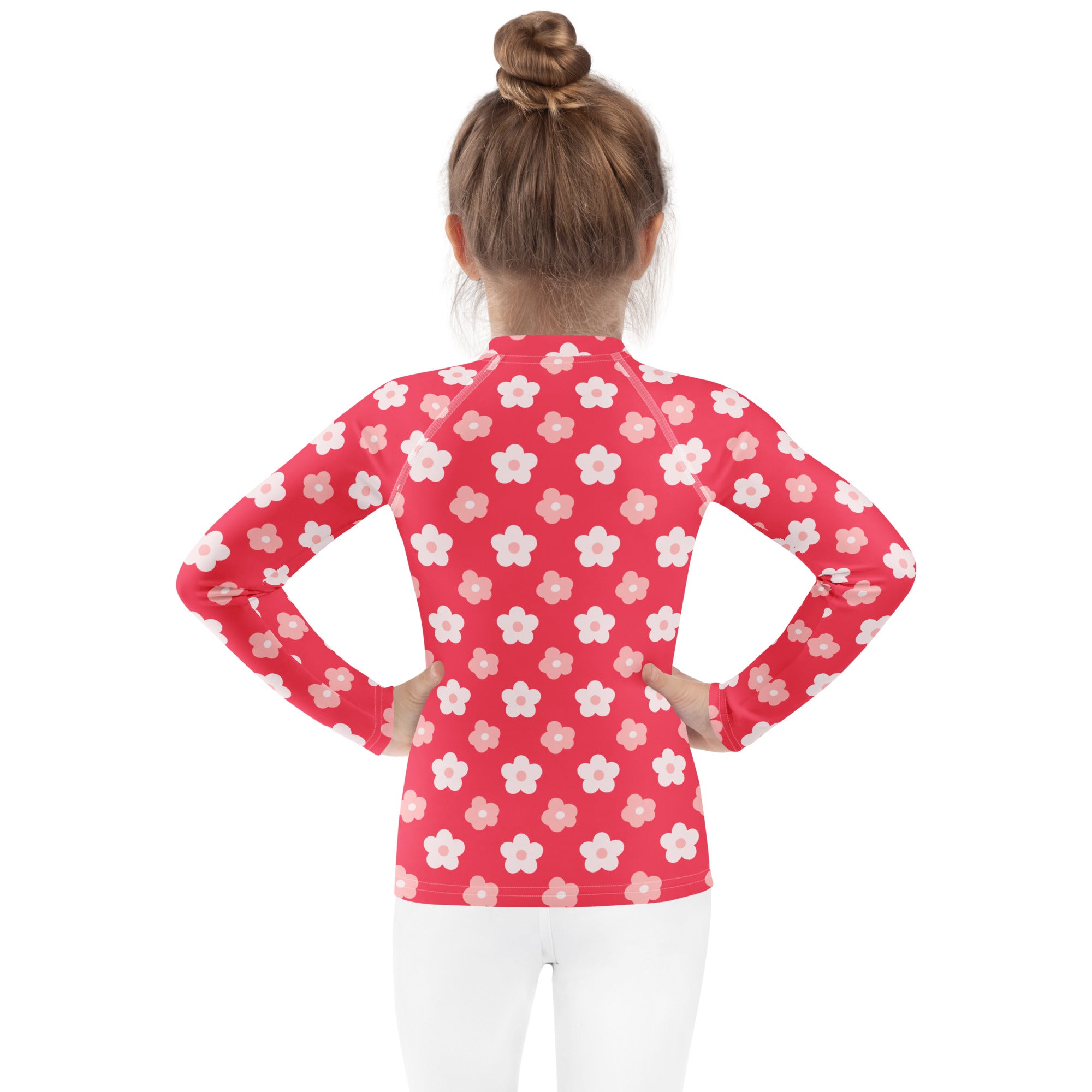 Girls red long sleeve rash guard swim shirt with white and pink floral pattern and UPF 50 plus sun protection