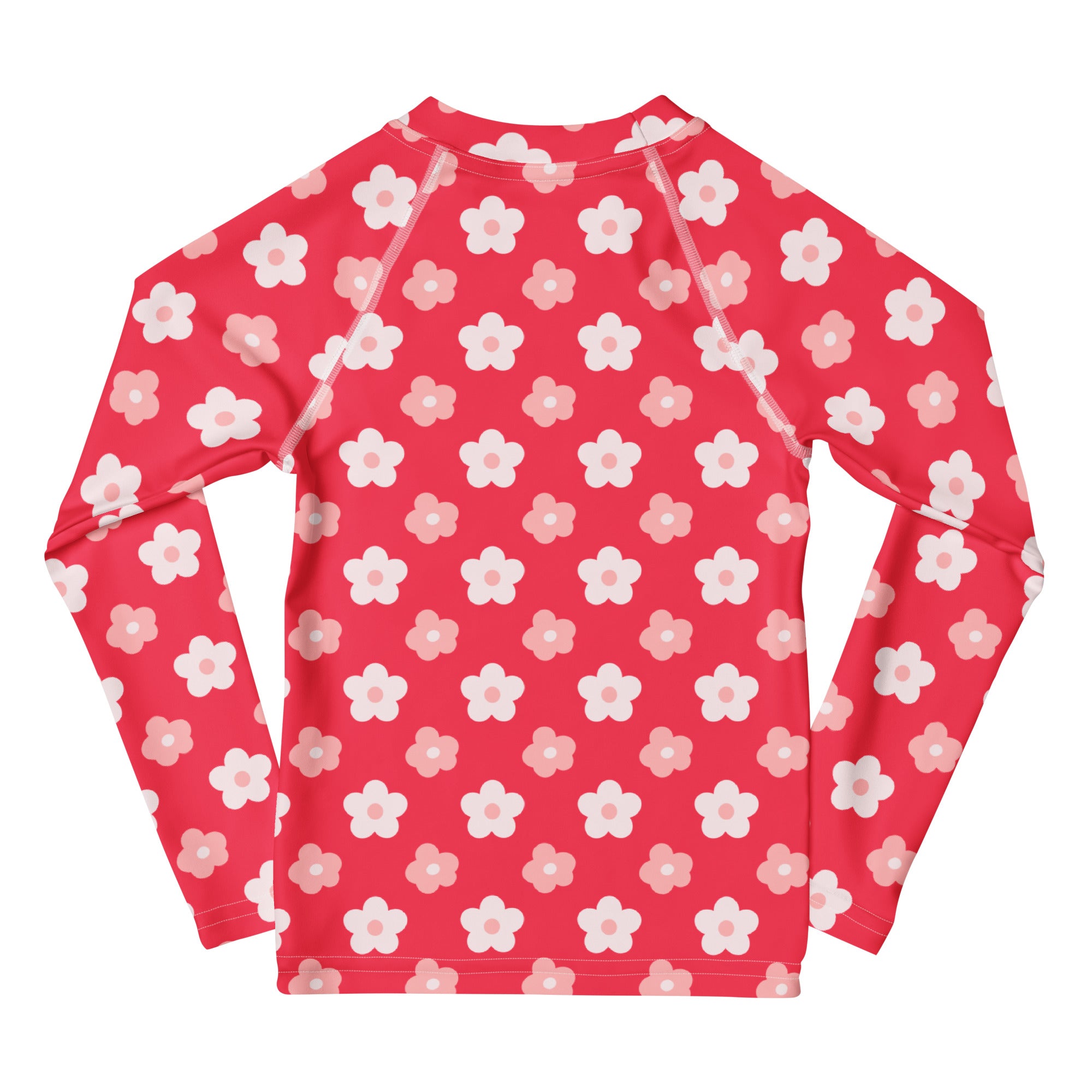 A vibrant red girls long sleeve rash guard swim shirt with white and light pink floral pattern and upf 50+ protection