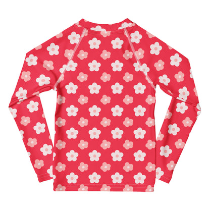 Girls Red Floral Flowers Long Sleeve Rash Guard Swim Shirt With UPF 50+