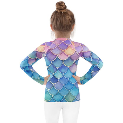 Girls Watercolor Rainbow Mermaid Long Sleeve Rash Guard Swim Shirt With UPF 50+