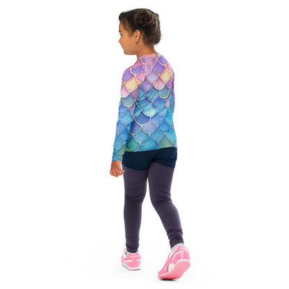 Girls Watercolor Rainbow Mermaid Long Sleeve Rash Guard Swim Shirt With UPF 50+